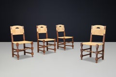 Set of 4 French Oak Dining Chairs with Rope Seats, 1940s
