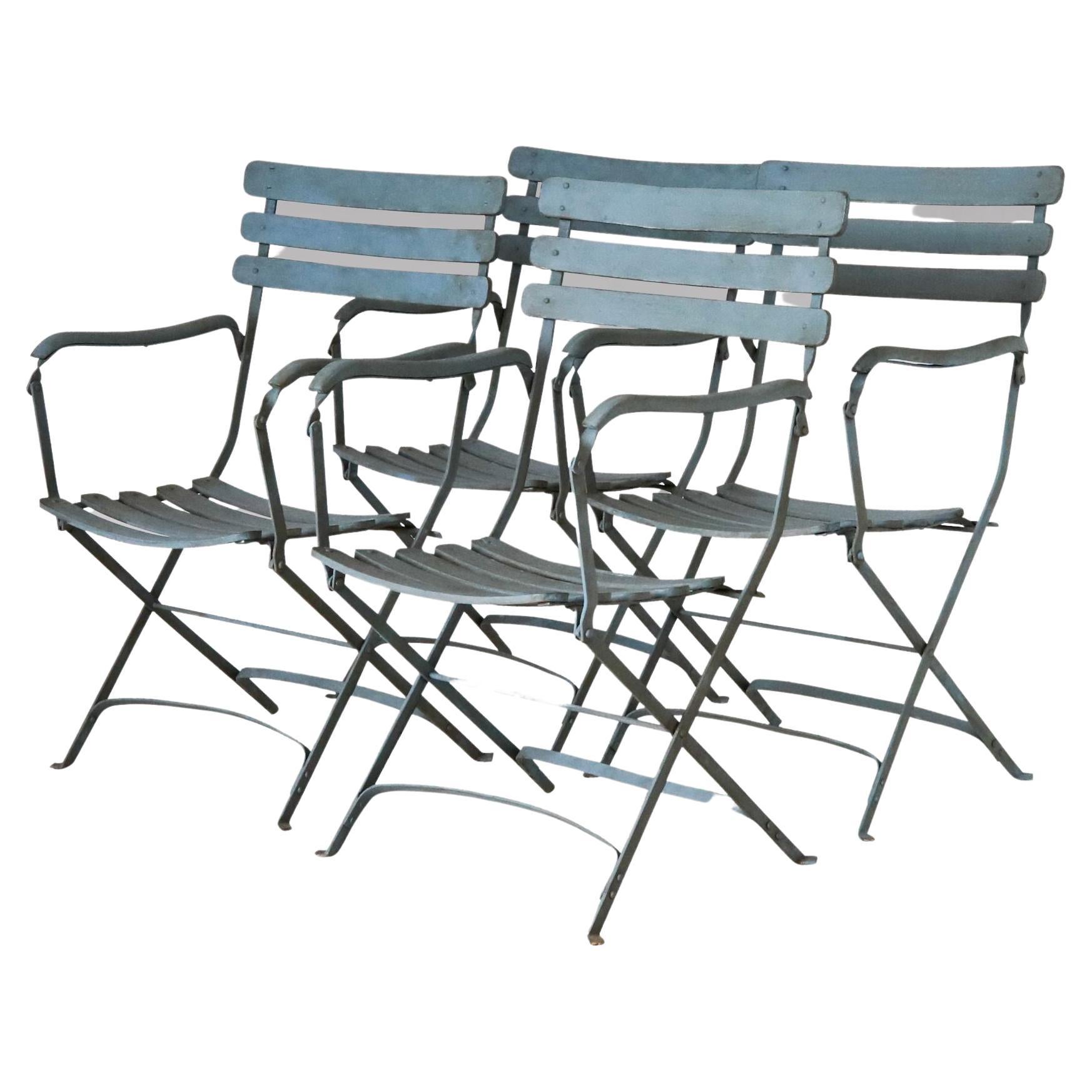 Set of 4 French Painted Iron & Wood Garden Armchairs For Sale