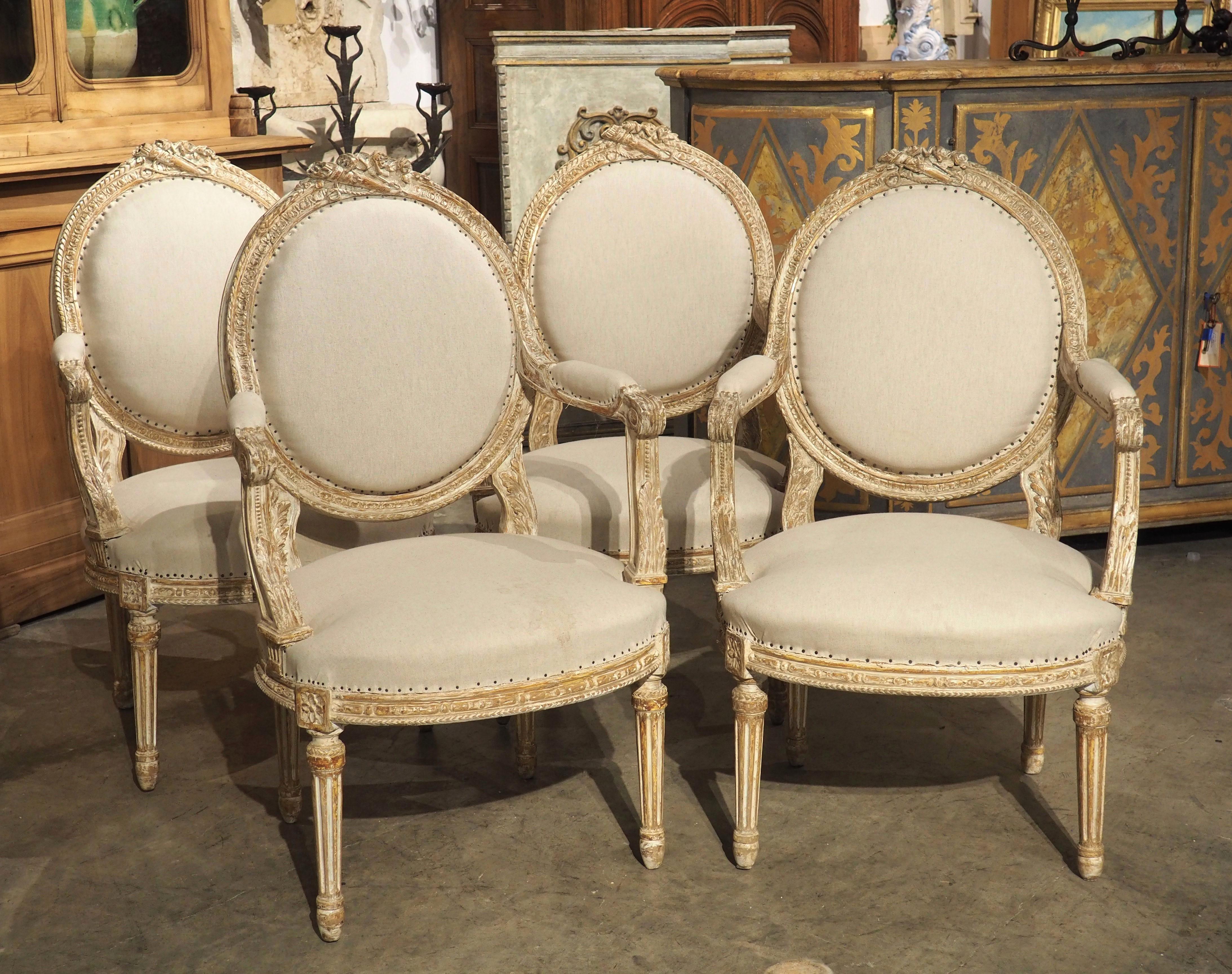 Set of 4 French Parcel Paint Louis XVI Style Cabriolet Armchairs, Circa 1885 For Sale 4