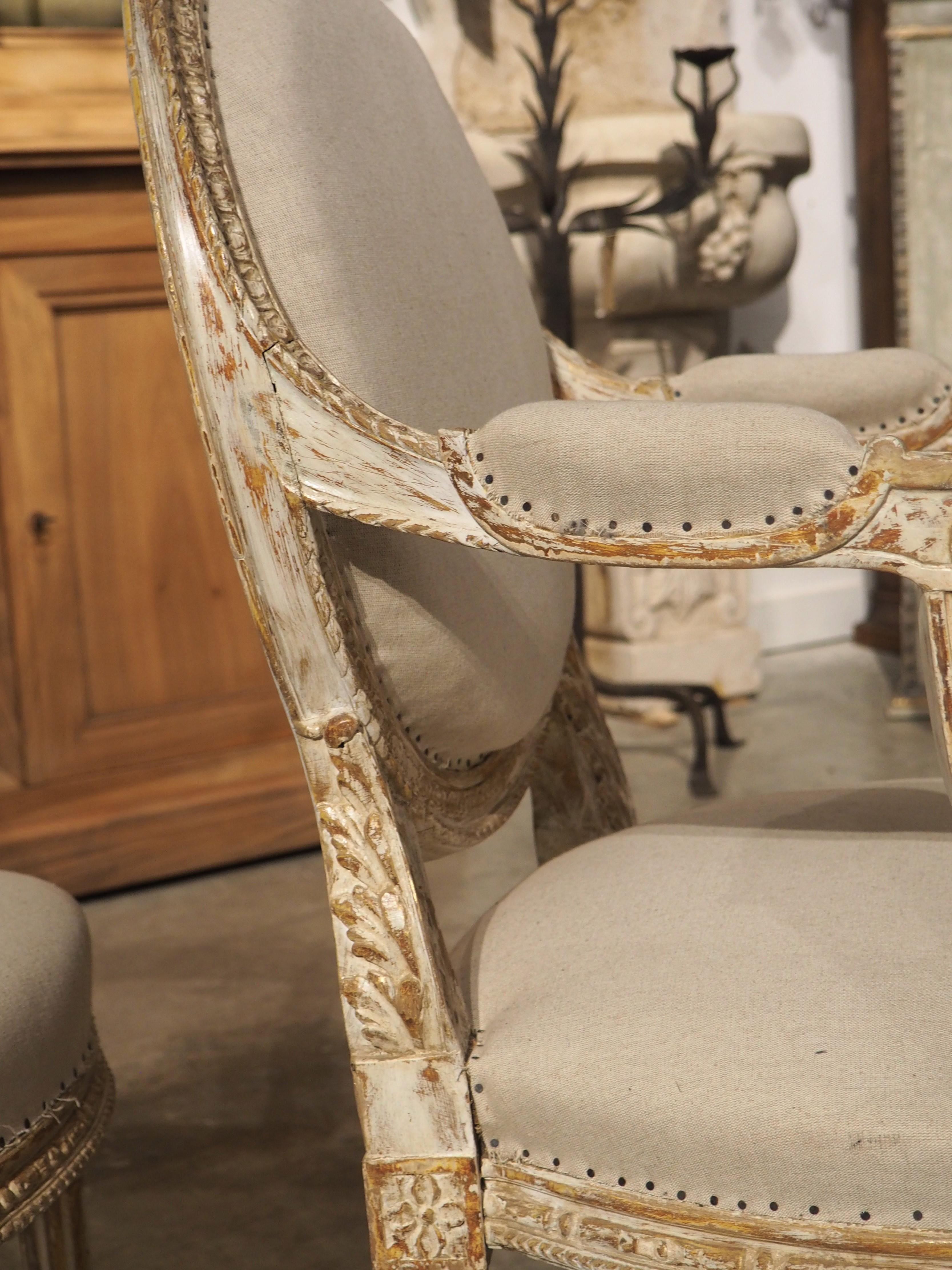 Set of 4 French Parcel Paint Louis XVI Style Cabriolet Armchairs, Circa 1885 For Sale 12