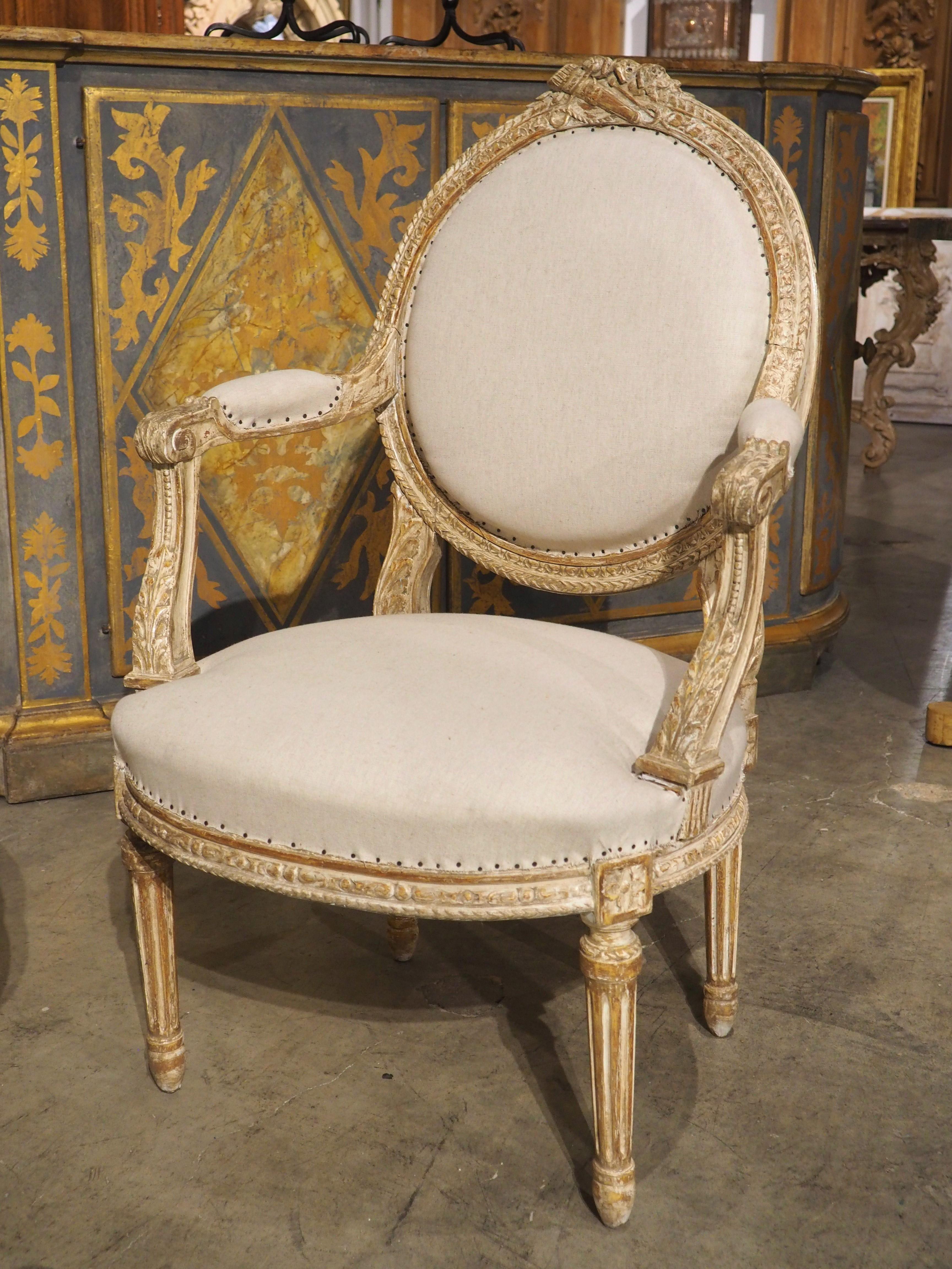 Set of 4 French Parcel Paint Louis XVI Style Cabriolet Armchairs, Circa 1885 For Sale 14