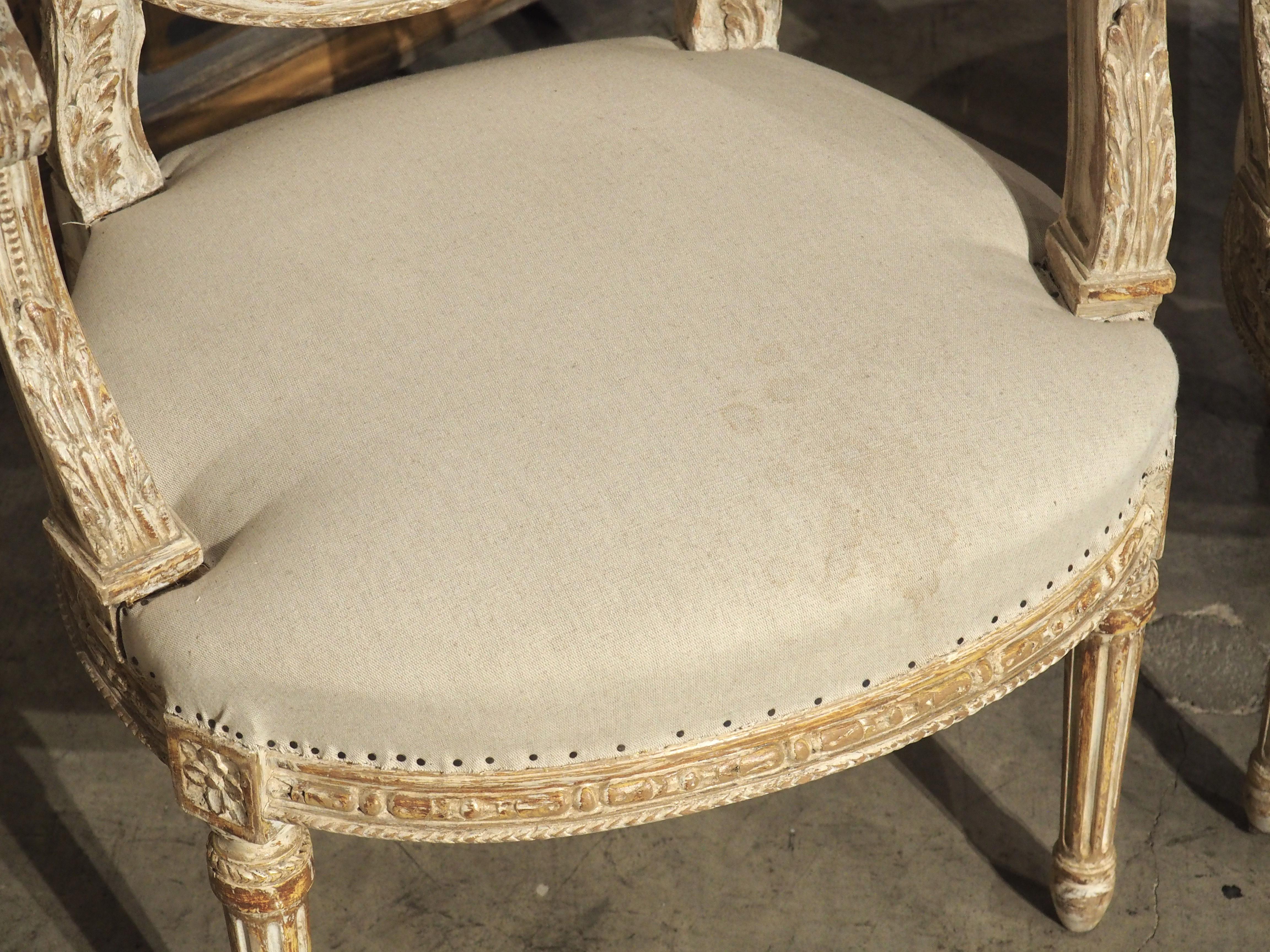 Hand-Carved Set of 4 French Parcel Paint Louis XVI Style Cabriolet Armchairs, Circa 1885 For Sale