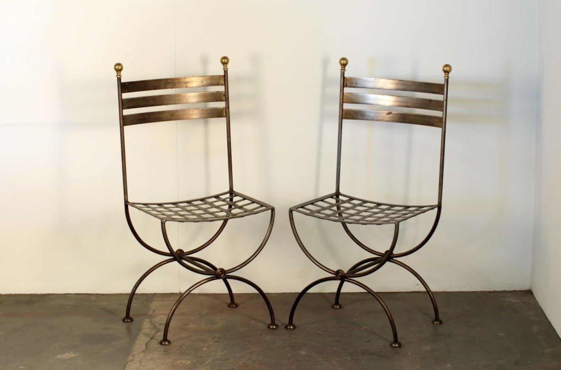 20th Century Pair of French Polished Steel and Brass Chairs