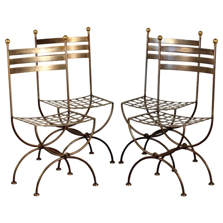 Pair of French Polished Steel and Brass Chairs