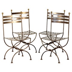 Set of 4 French Polished Steel and Brass Chairs