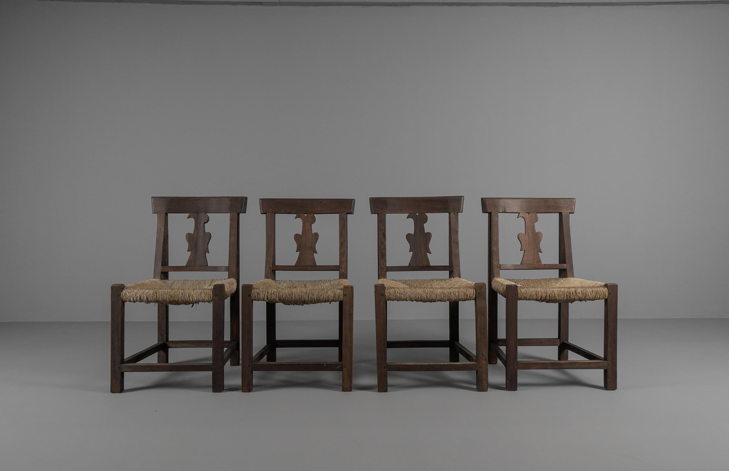 Set of 4 French Provincial wood & seagrass chairs, 1960s.
