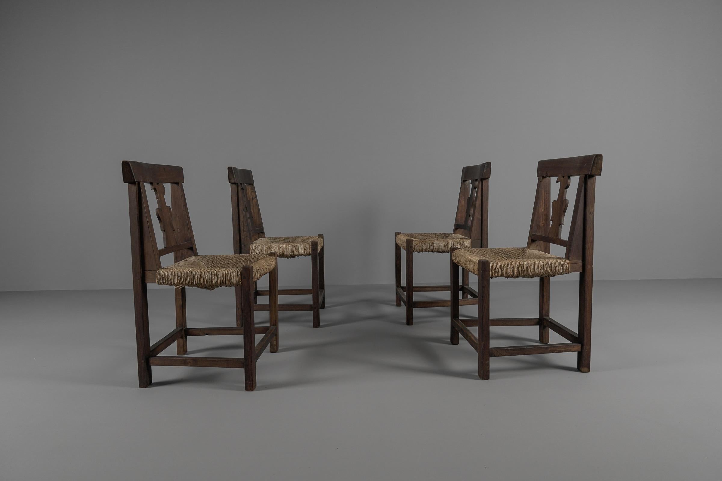 Mid-20th Century Set of 4 French Provincial Wood & Seagrass Chairs, 1960s Mid-Century Modern For Sale