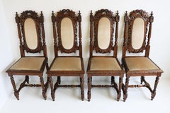 Set of 4 French Renaissance Revival Hunting Style Chairs Carved Oak Black Forest