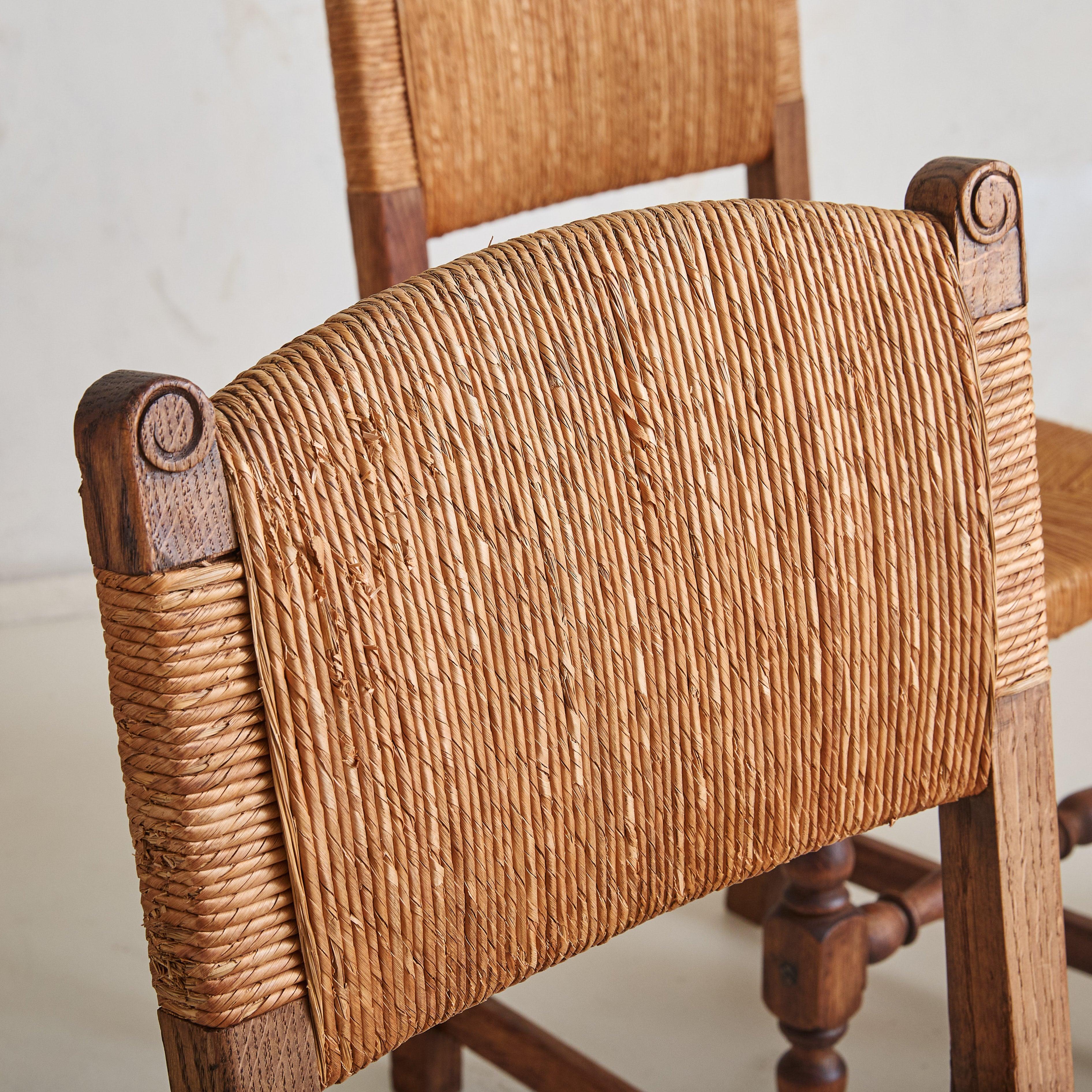 Set of 4 French Rush + Oak Dining Chairs, 1940s For Sale 6