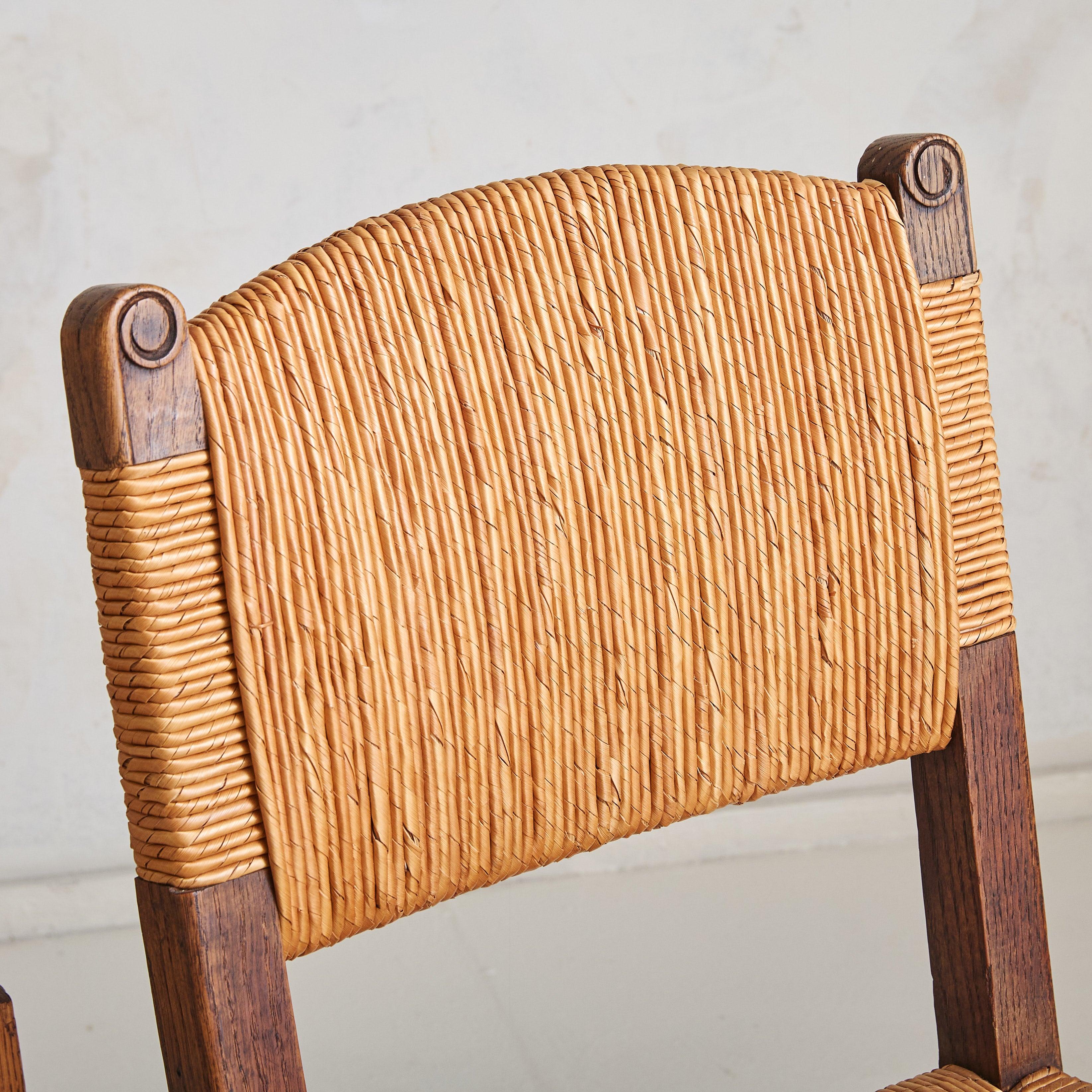 Mid-20th Century Set of 4 French Rush + Oak Dining Chairs, 1940s For Sale