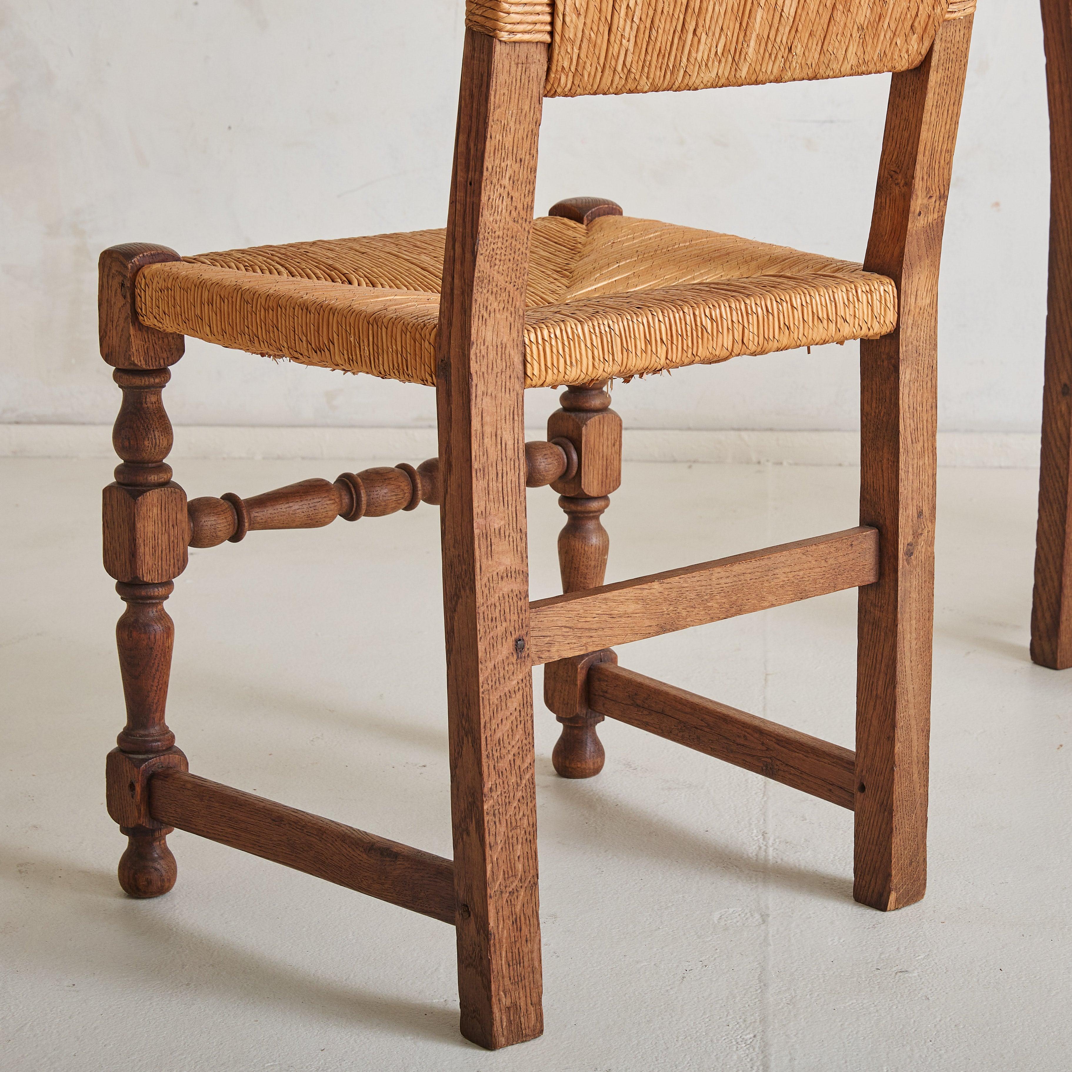 Set of 4 French Rush + Oak Dining Chairs, 1940s For Sale 1
