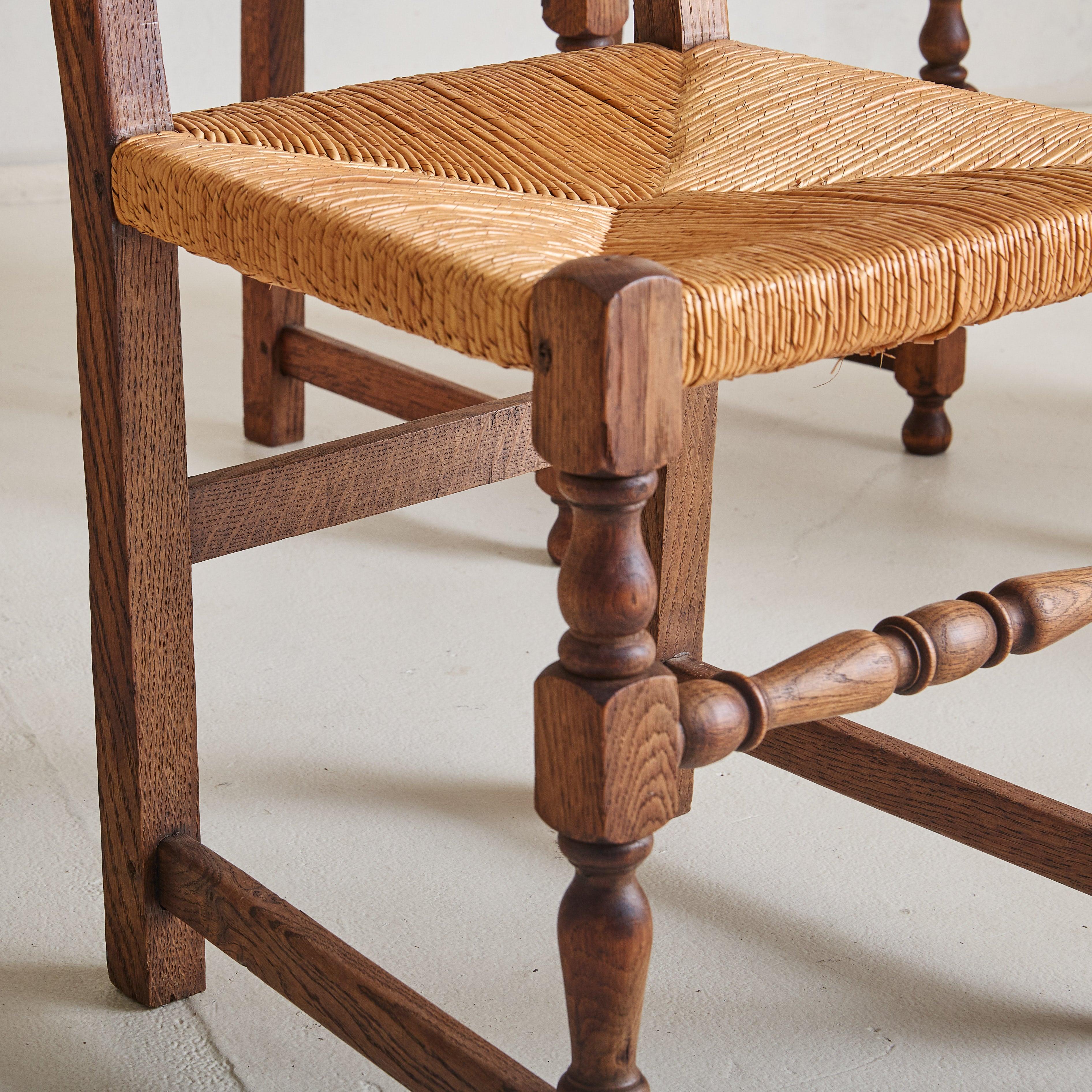 Set of 4 French Rush + Oak Dining Chairs, 1940s For Sale 2