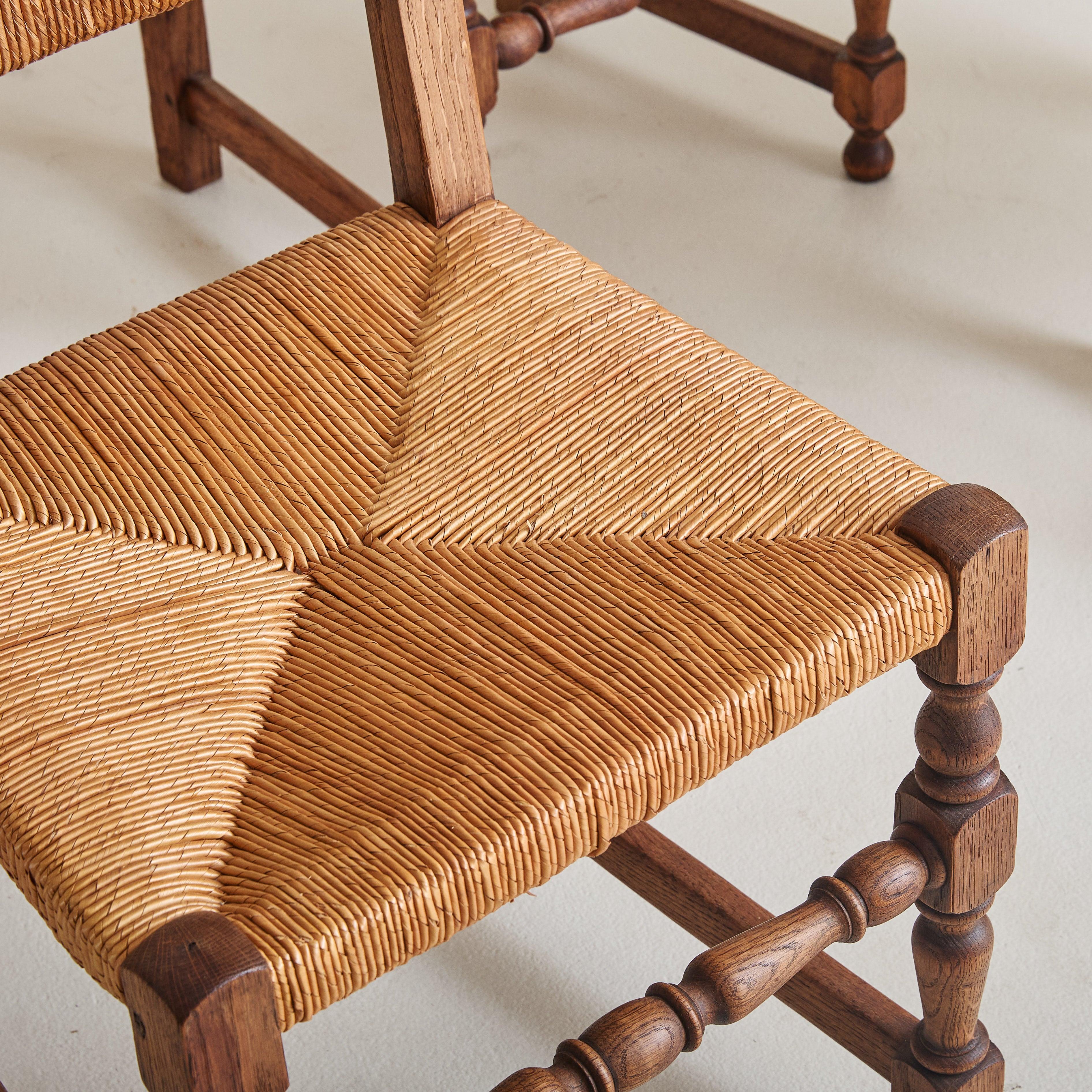 Set of 4 French Rush + Oak Dining Chairs, 1940s For Sale 3