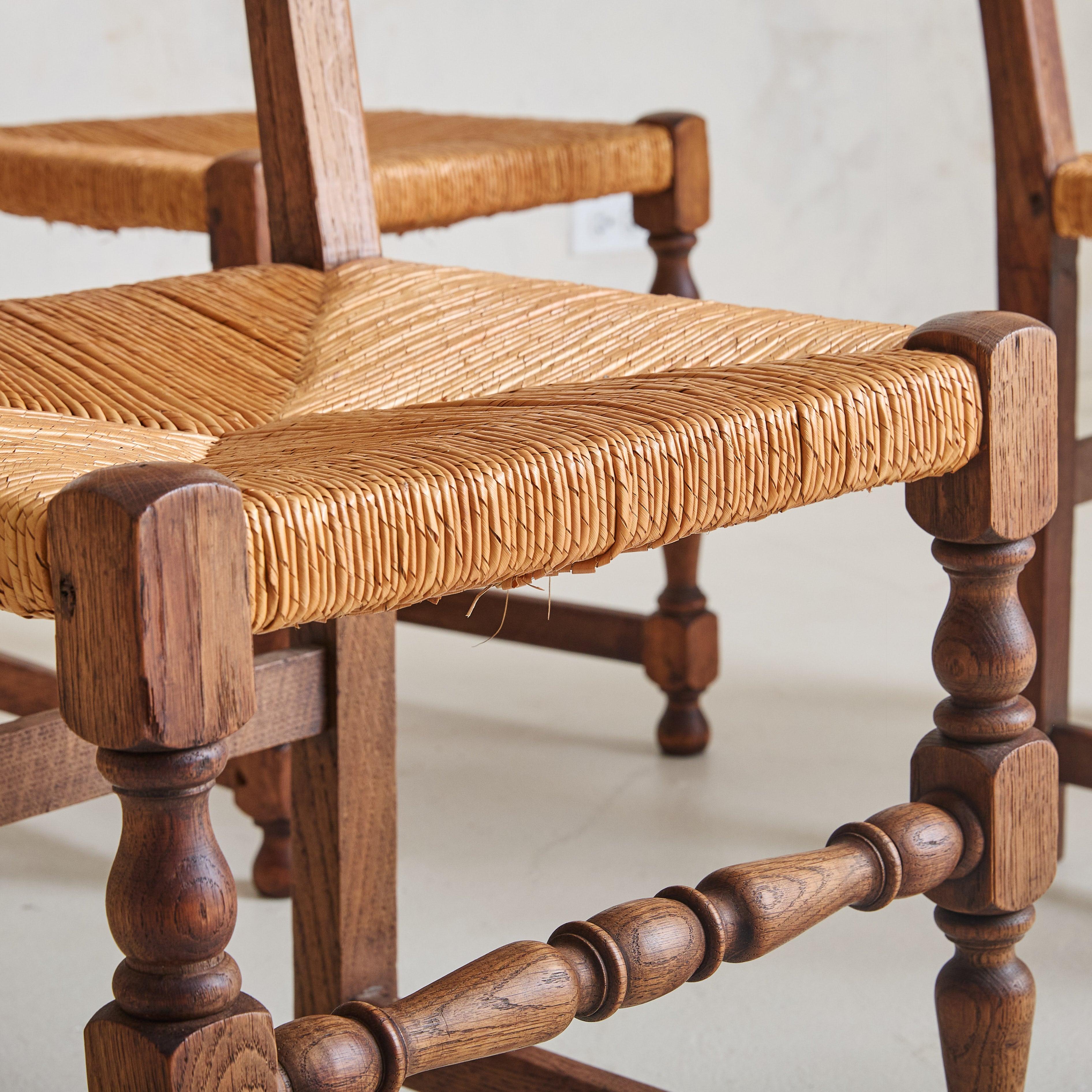 Set of 4 French Rush + Oak Dining Chairs, 1940s For Sale 4