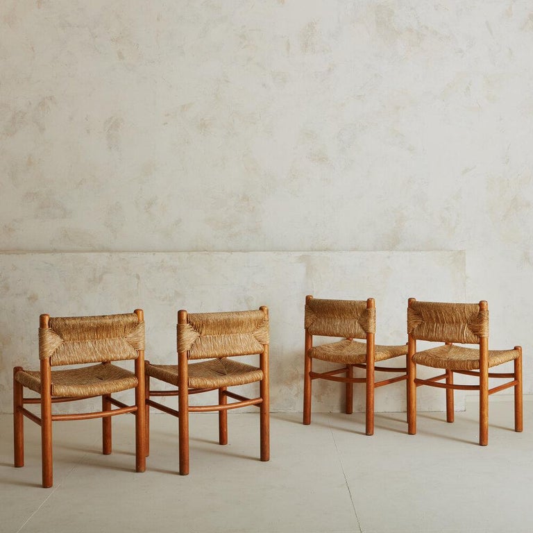 Mid-Century Modern Set of 4 French Rush + Wood Dining Chairs in the Style of Charlotte Perriand