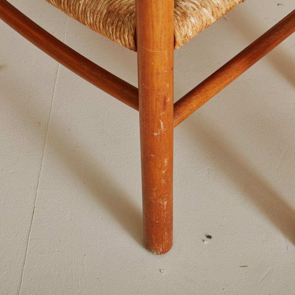 Set of 4 French Rush + Wood Dining Chairs in the Style of Charlotte Perriand (Rattan)