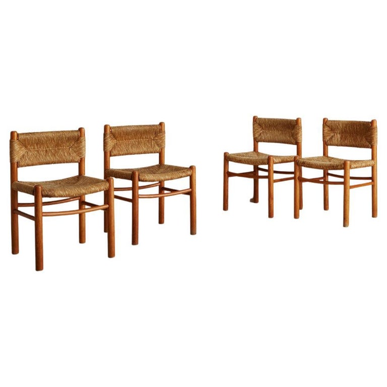Set of 4 Rush and Wood Dining Chairs in the Style of Charlotte Perriand, 1950s, Offered by South Loop Loft
