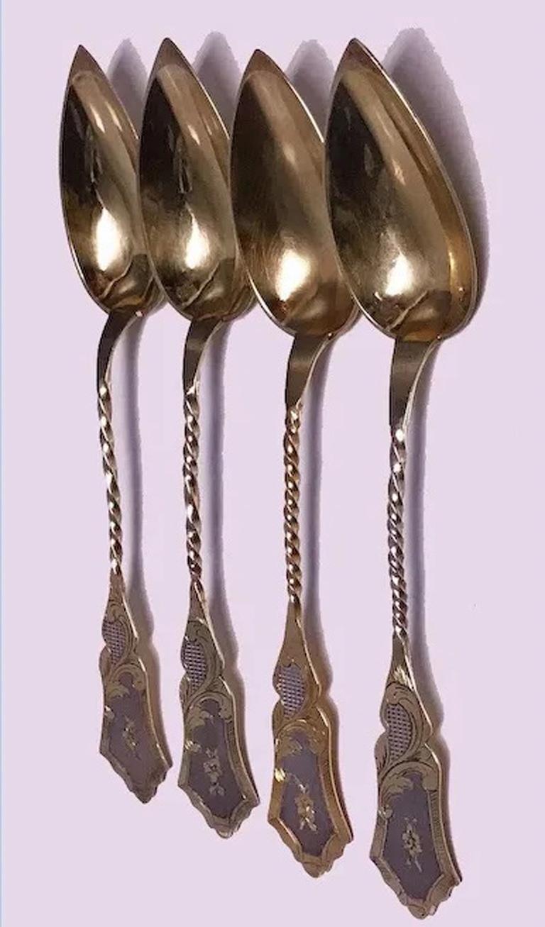 Set of 4 French Silver with vermeil Spoons, Paris C. 1850 by Phillipe Berthier 5