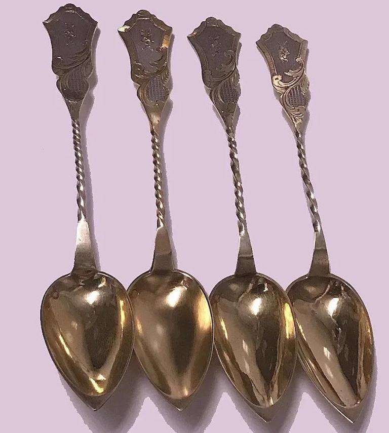 Set of 4 French Silver with vermeil Spoons, Paris C. 1850 by Phillipe Berthier In Good Condition In Toronto, Ontario