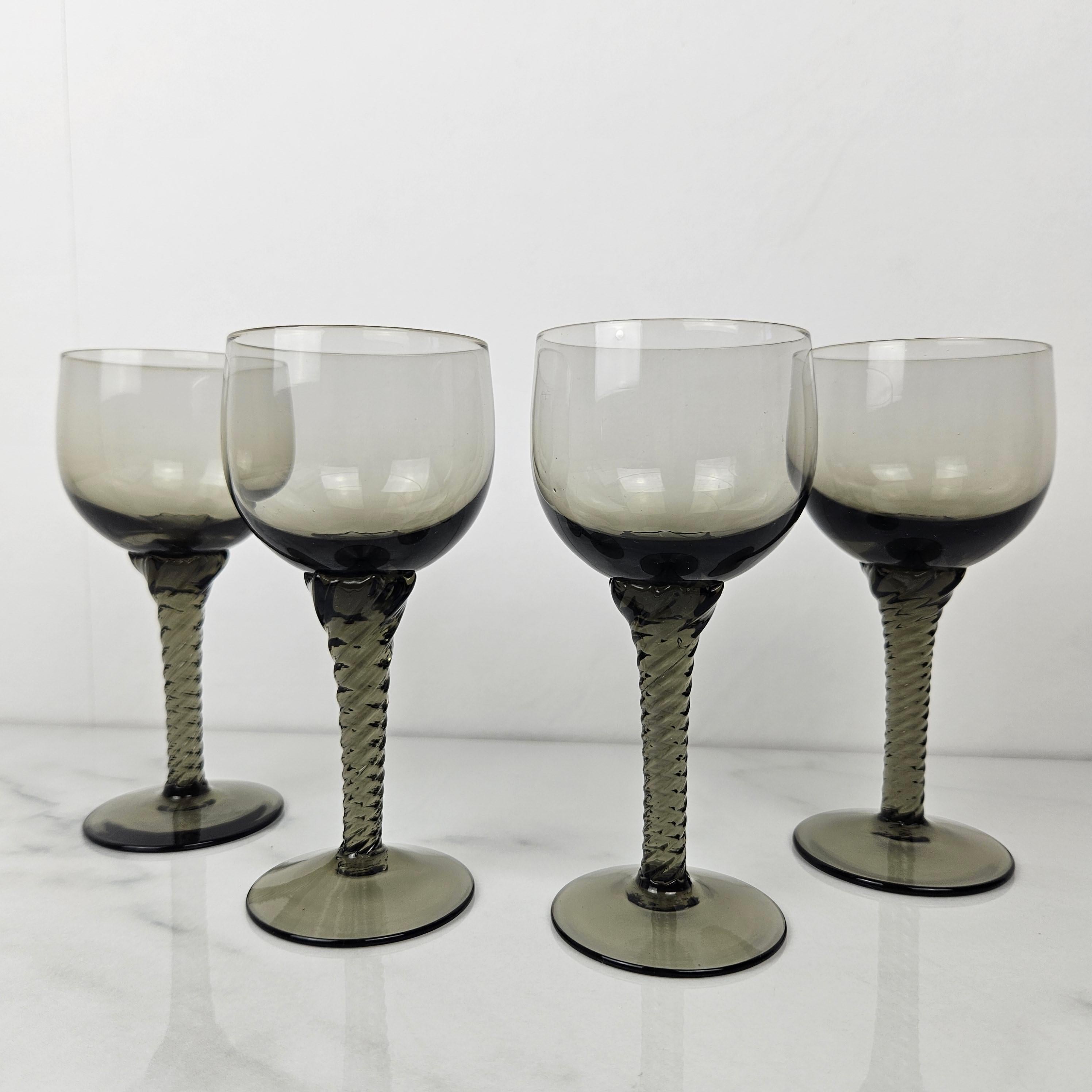 Art Deco Set of 4 French Smoky Gray Twisted Stem Wine Glasses, 1930's For Sale