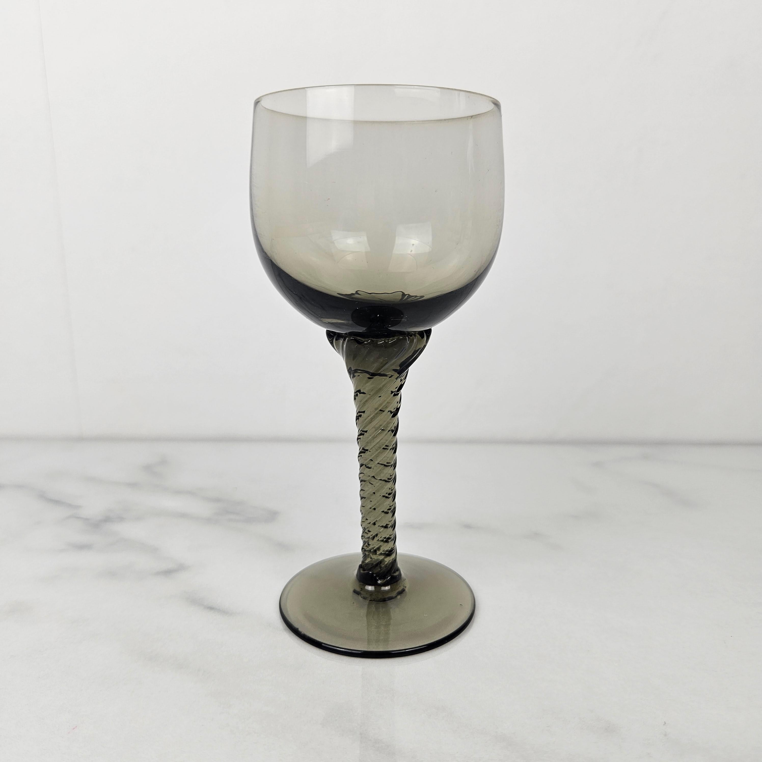 Hand-Crafted Set of 4 French Smoky Gray Twisted Stem Wine Glasses, 1930's For Sale