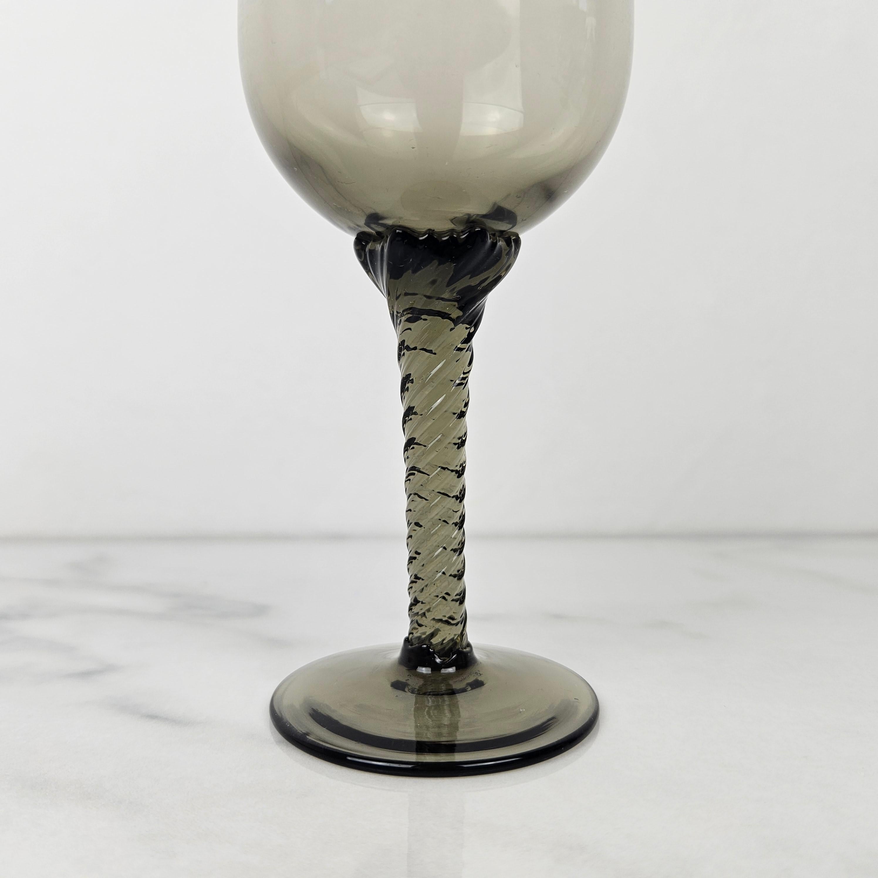 Mid-20th Century Set of 4 French Smoky Gray Twisted Stem Wine Glasses, 1930's For Sale