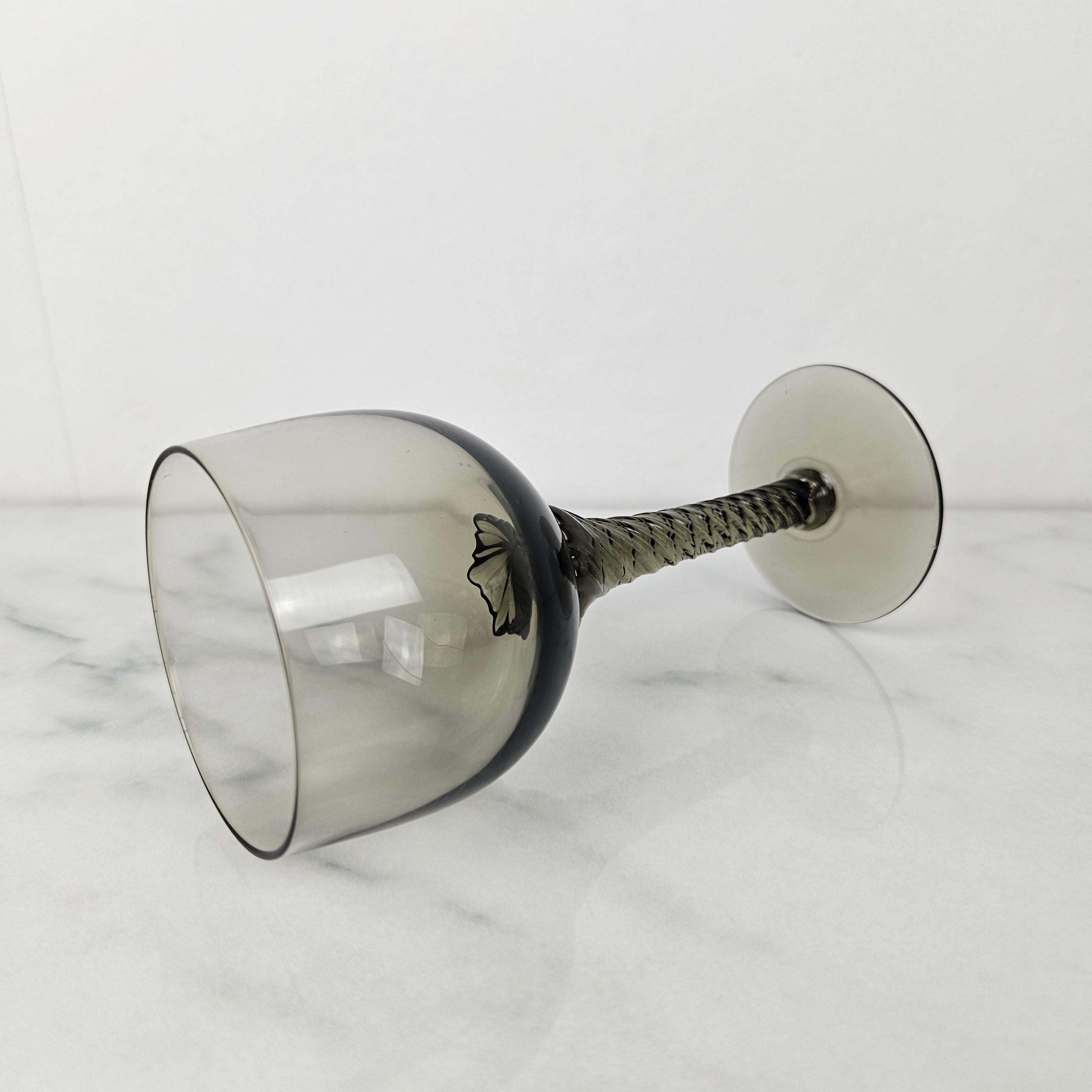Set of 4 French Smoky Gray Twisted Stem Wine Glasses, 1930's For Sale 1