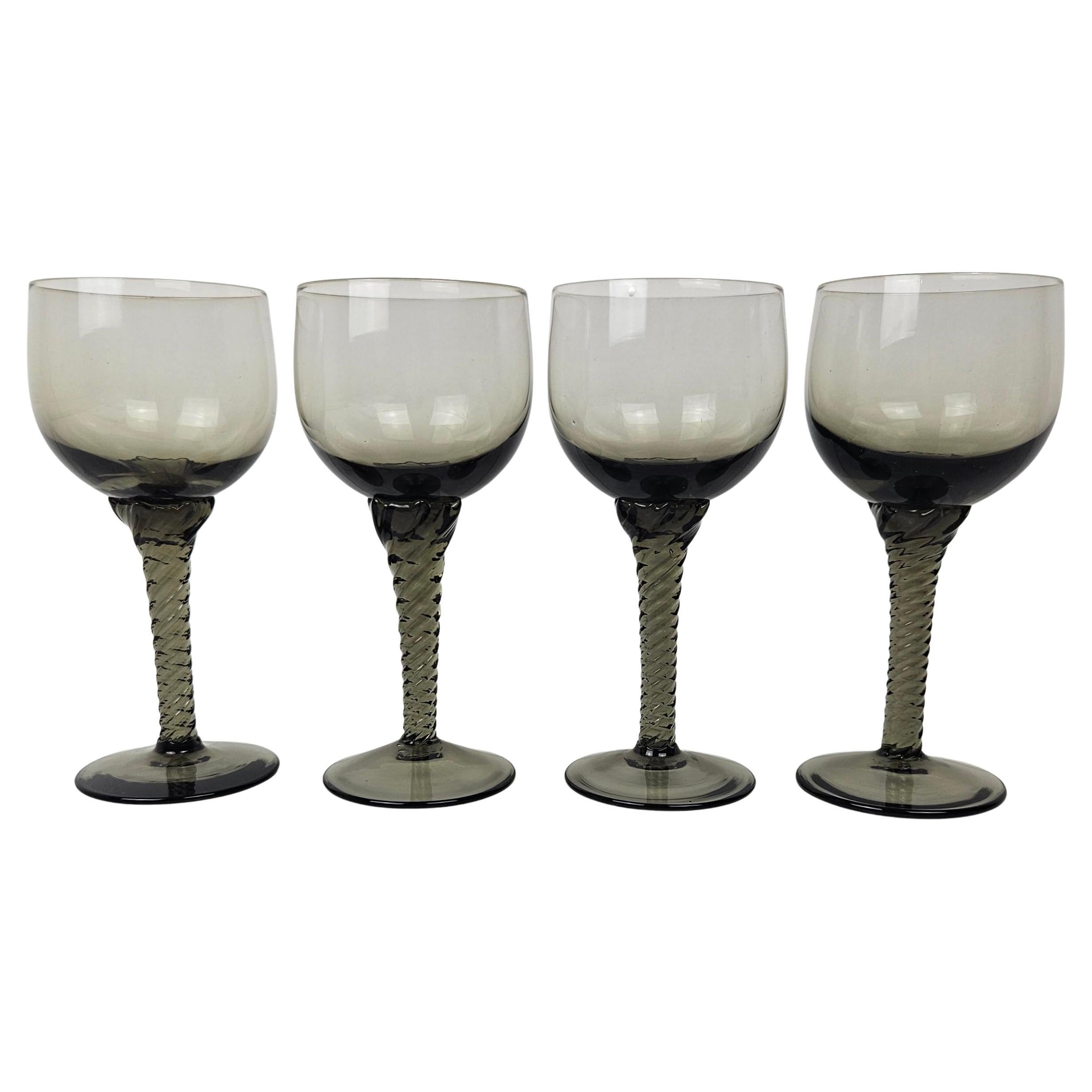 Set of 4 French Smoky Gray Twisted Stem Wine Glasses, 1930's For Sale