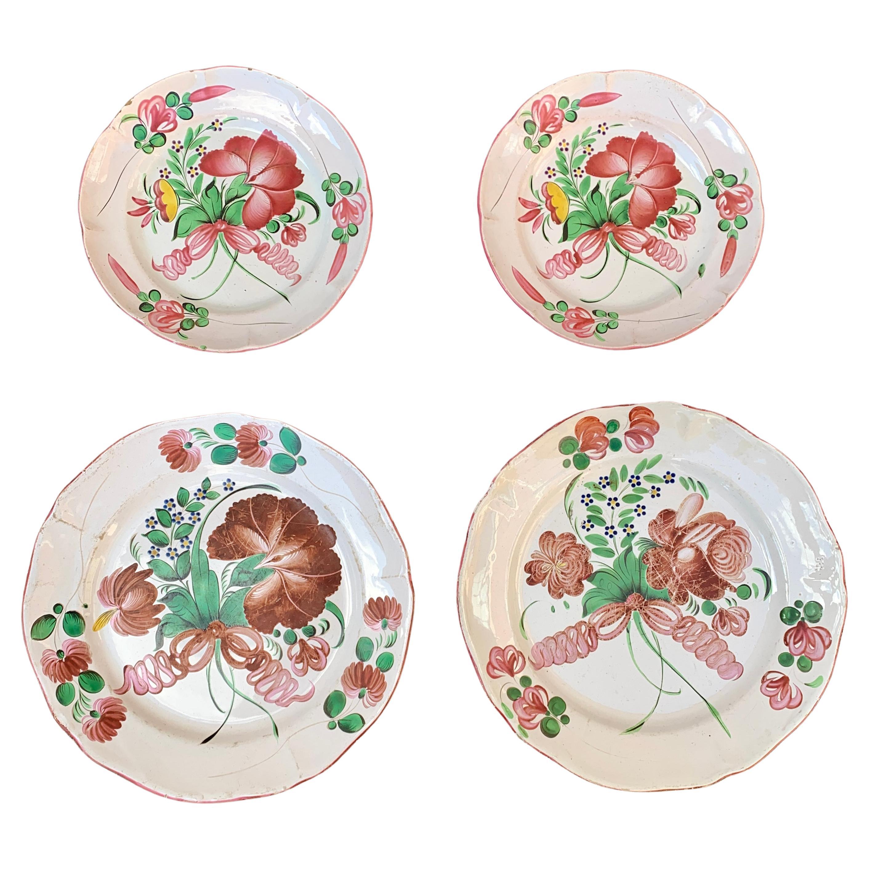 Set of 4 French Strasbourg Faience Chargers with Flower Decor For Sale