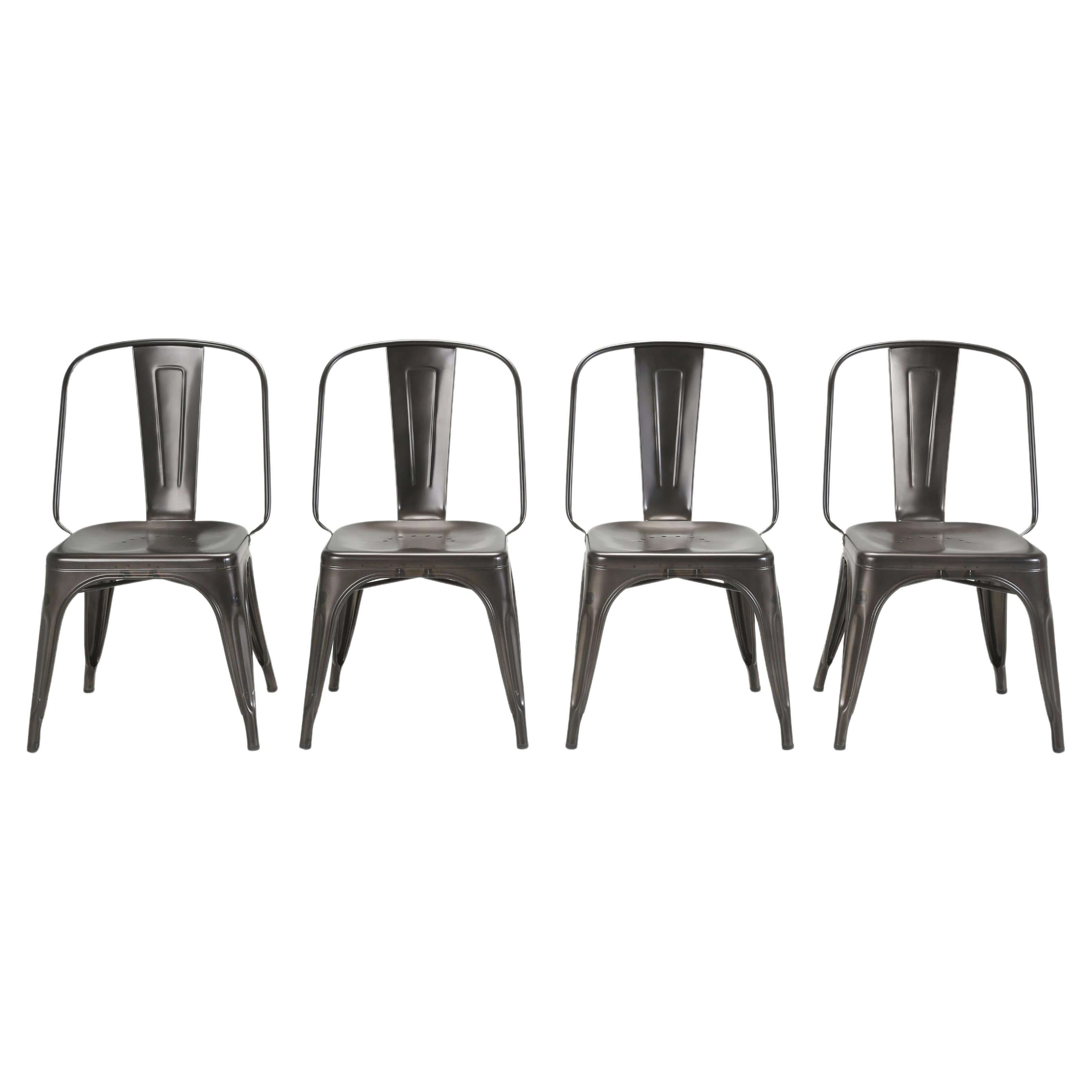 Set of (4) French Tolix AC Style Steel Stacking Chairs in Warm Gunmetal Eggshell For Sale