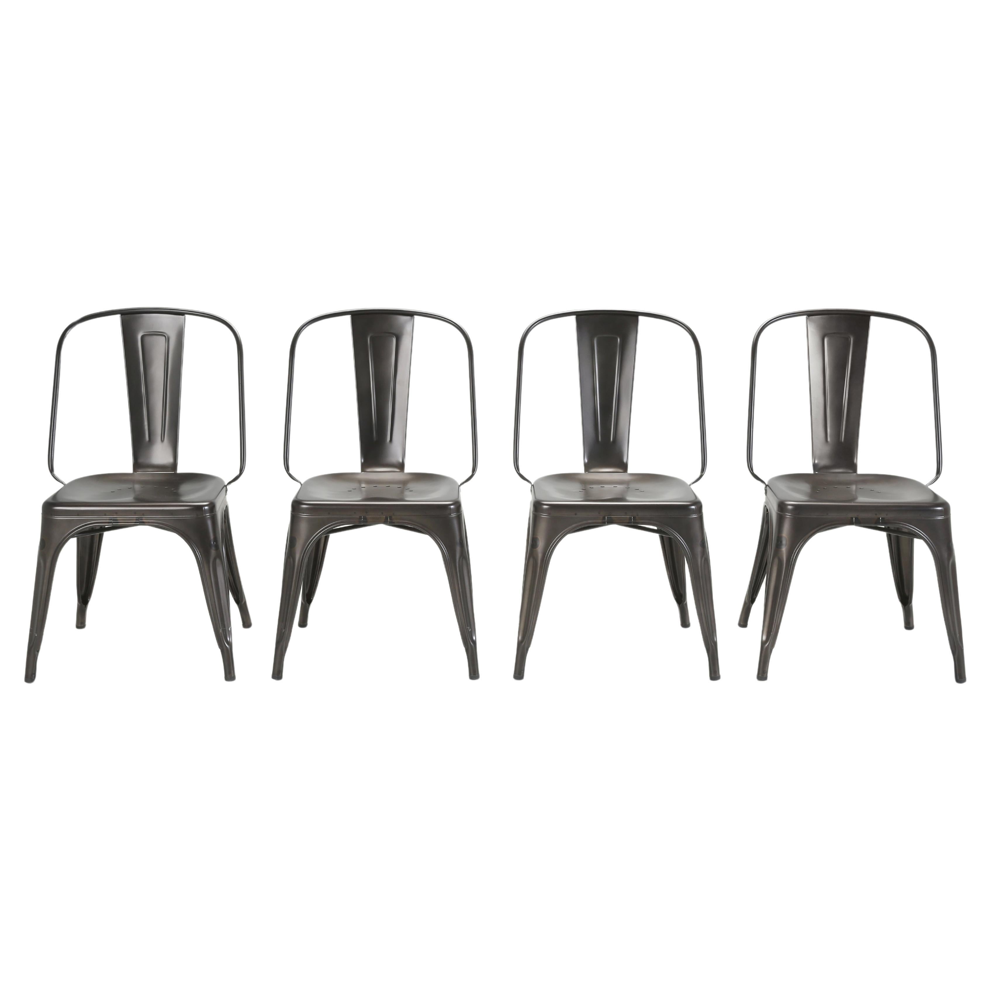 Set of (4) French Tolix AC Style Steel Stacking Chairs in Warm Gunmetal Eggshell