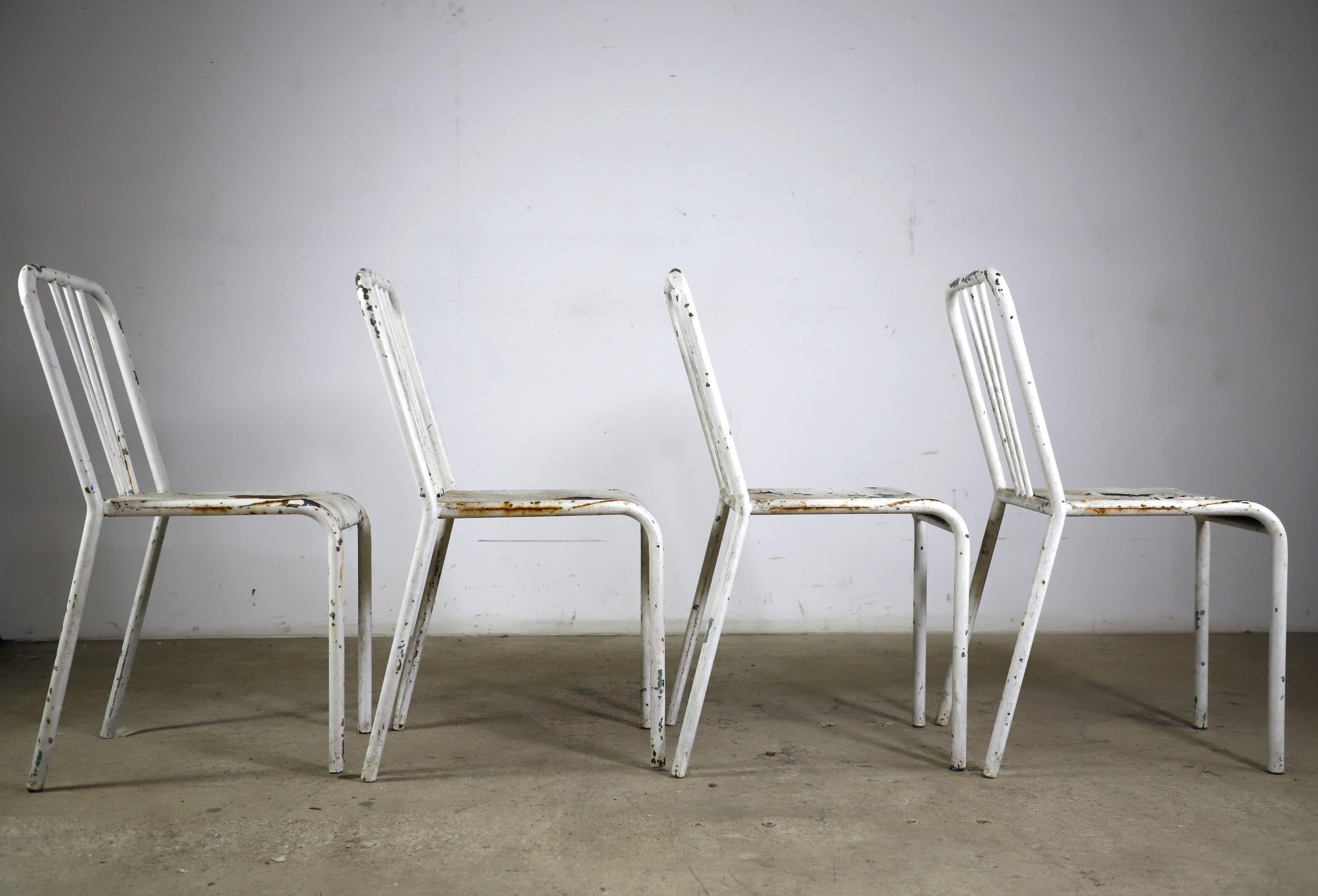 Industrial Set of 4 French Tolix Heavy Distressed White Steel Chairs