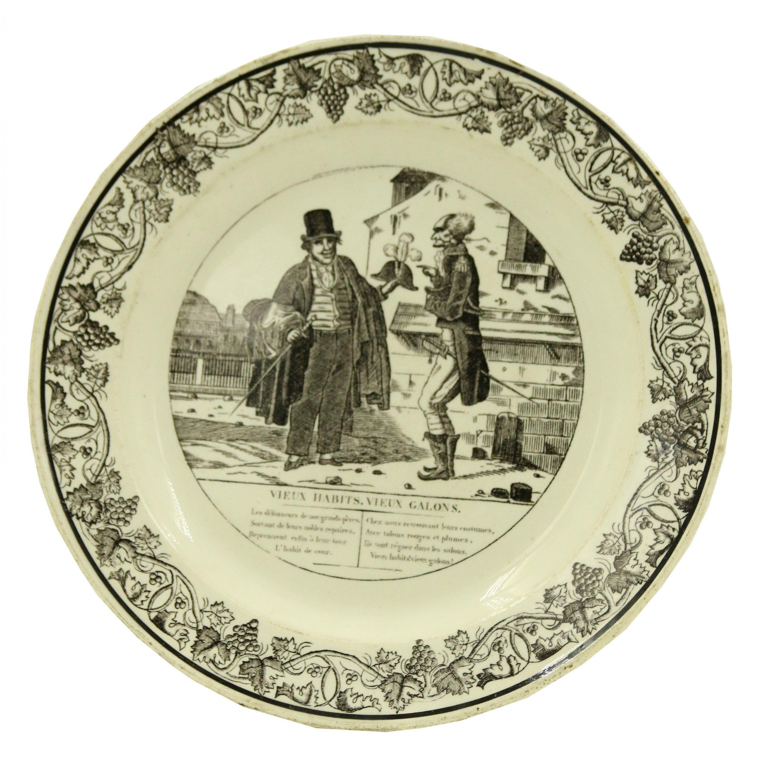 Set of 4 French Victorian Black and White Genre Scene Porcelain Plates 1