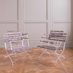 Set of 4 French Wood Slatted Garden Armchairs With Metal Frame