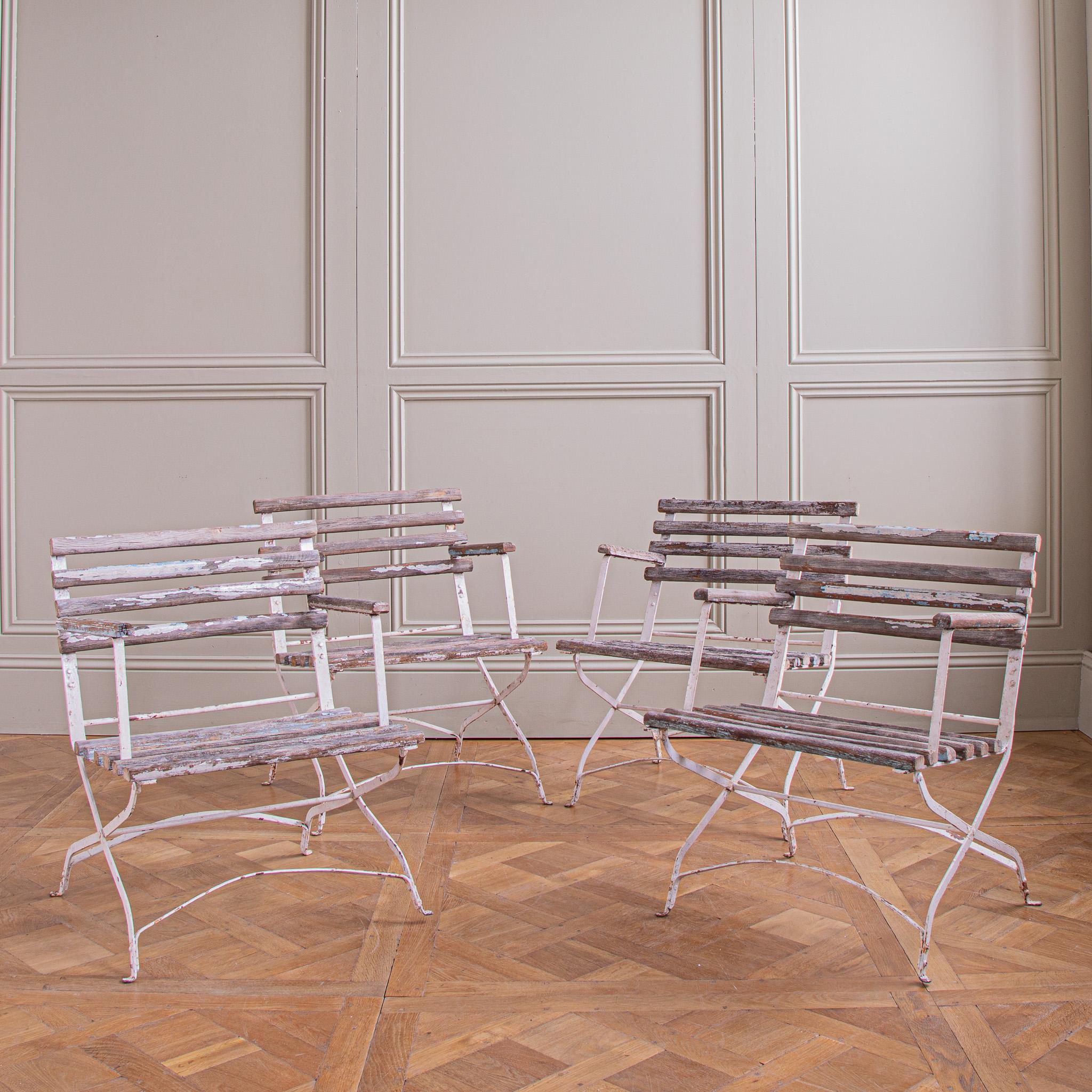  Set of 4 French Wood Slatted Garden Armchairs With Metal Frame  For Sale 1
