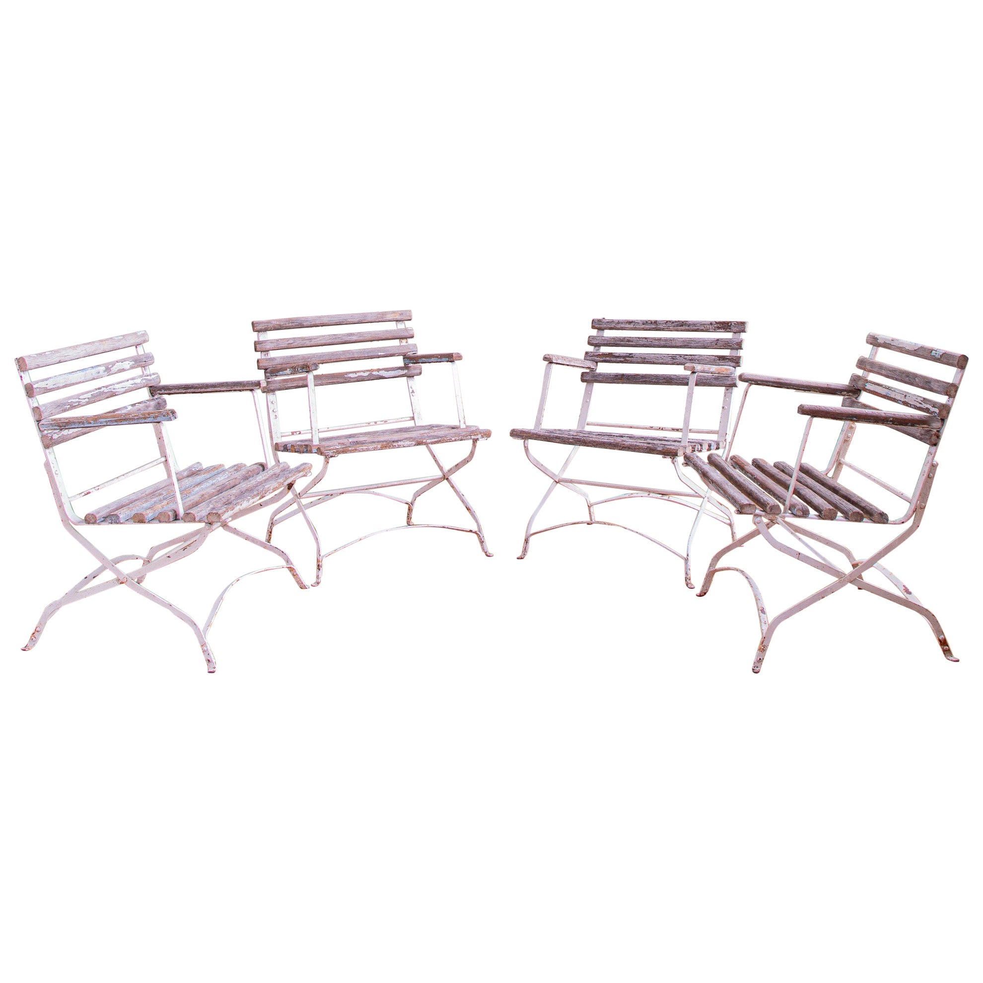 Juego de 4 sillones franceses de jardín de listones de madera con estructura de metal