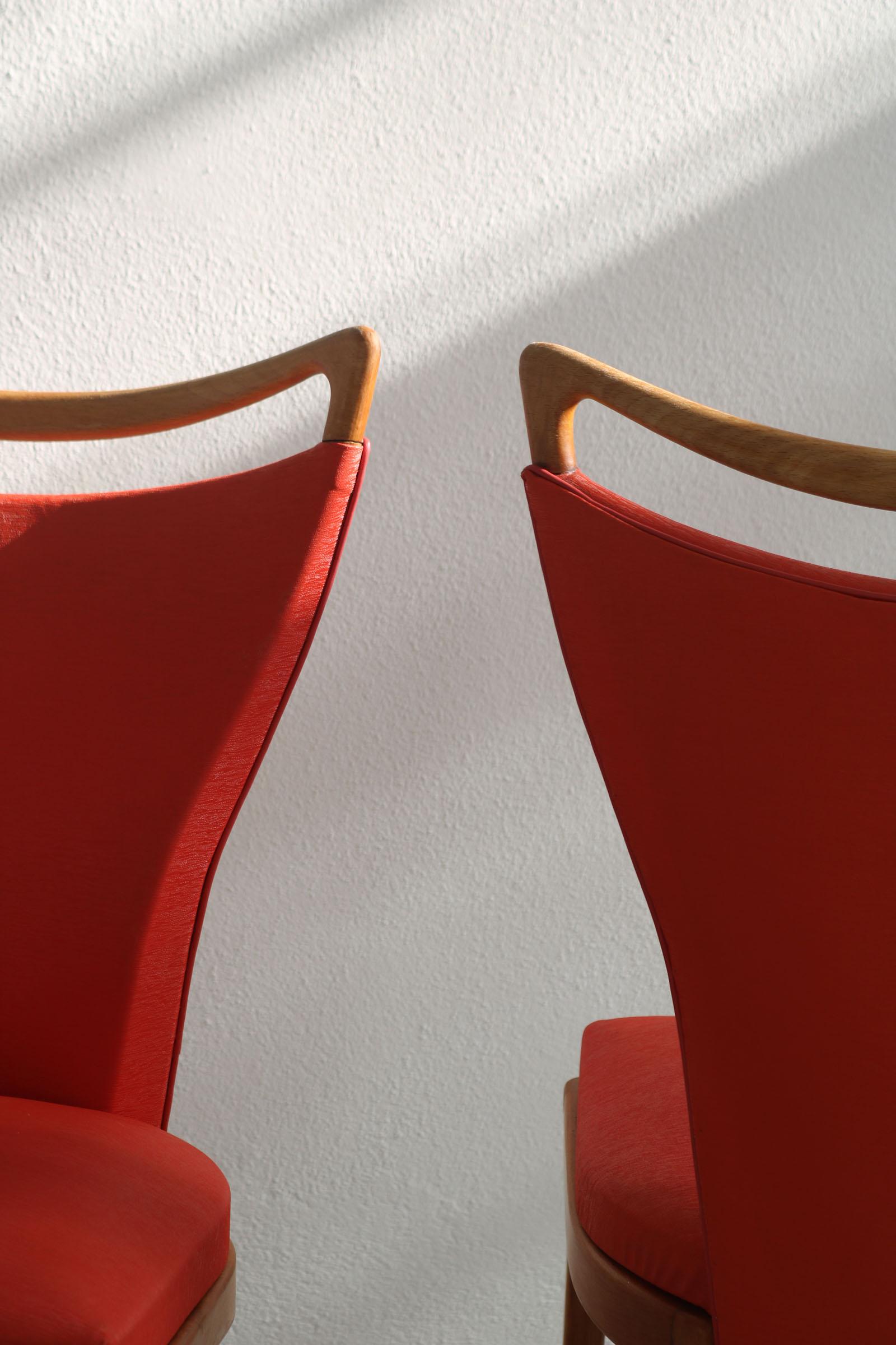 Set of 4 French Wooden Chairs with Red Faux Leather Cover, 1950s 9