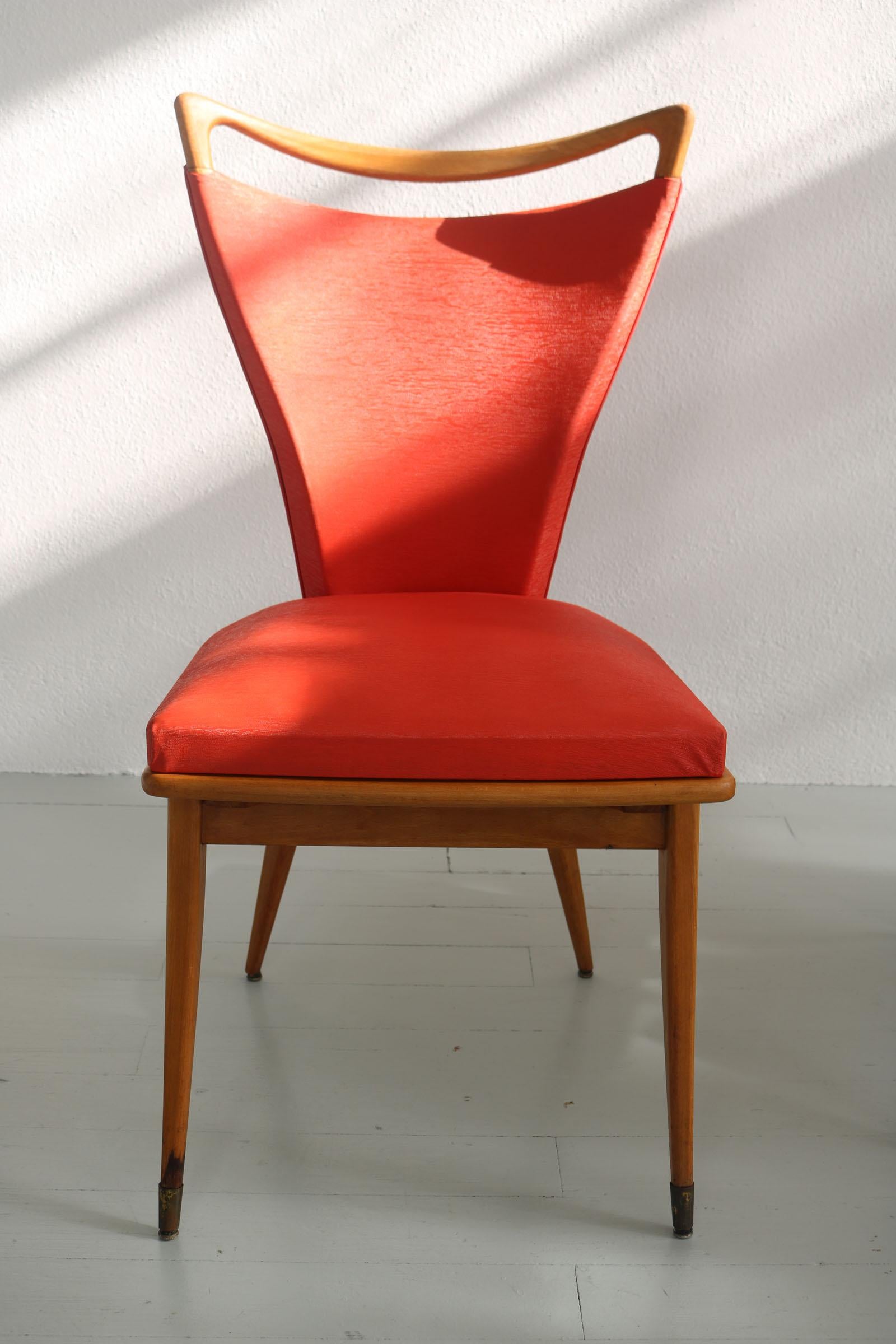 Set of 4 French Wooden Chairs with Red Faux Leather Cover, 1950s 11