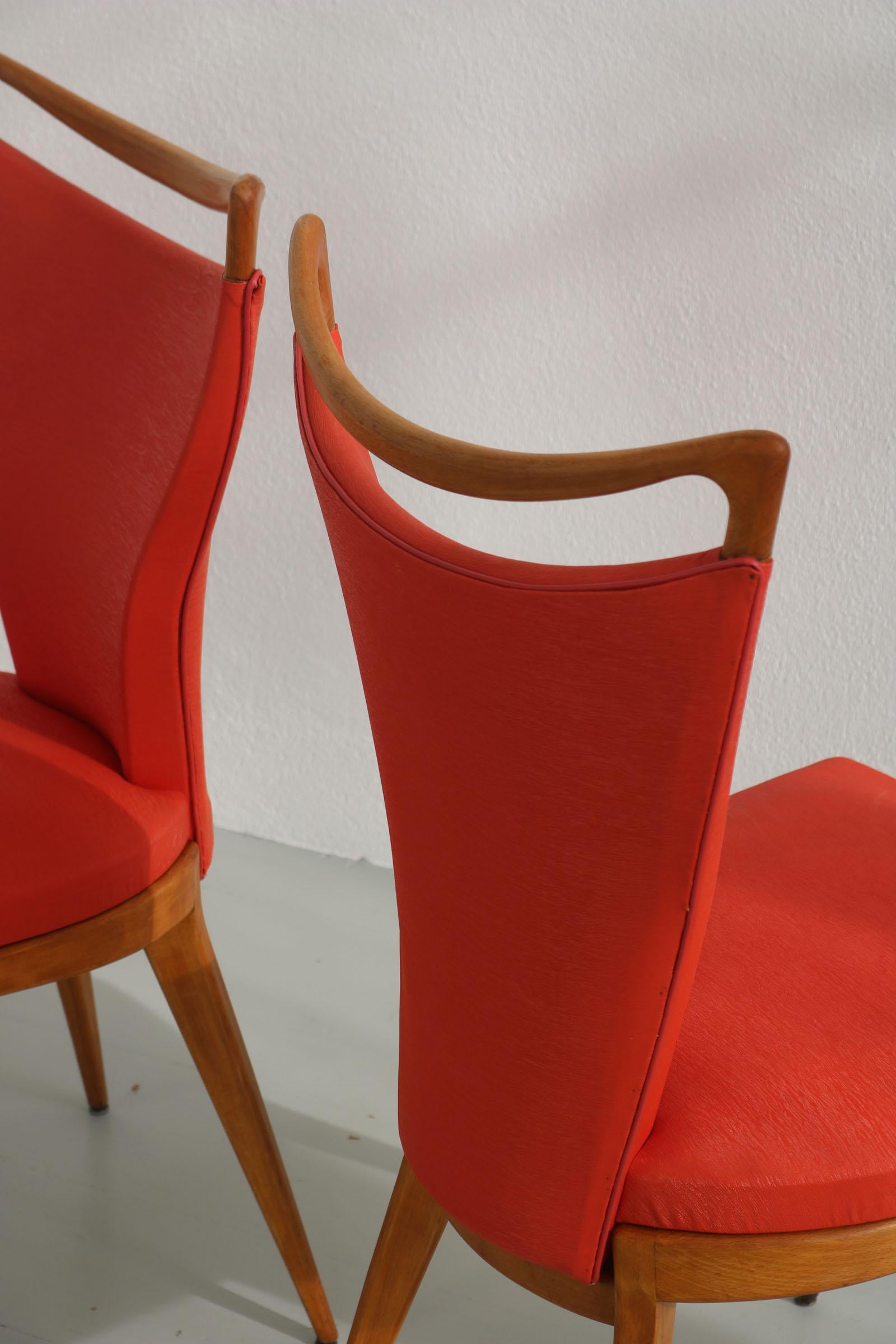 Set of 4 French Wooden Chairs with Red Faux Leather Cover, 1950s 14