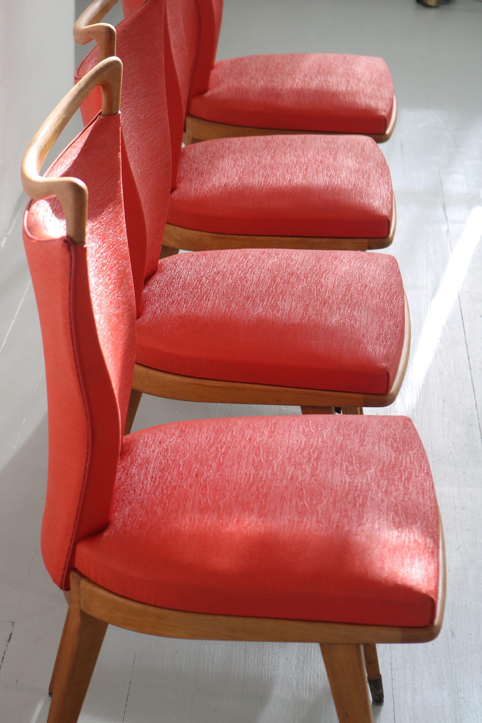 Set of 4 French Wooden Chairs with Red Faux Leather Cover, 1950s 15