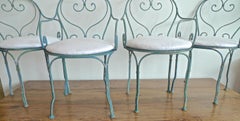 Set of 4 French 19th Century Painted Wrought Iron Bistro Armchairs with Cushions