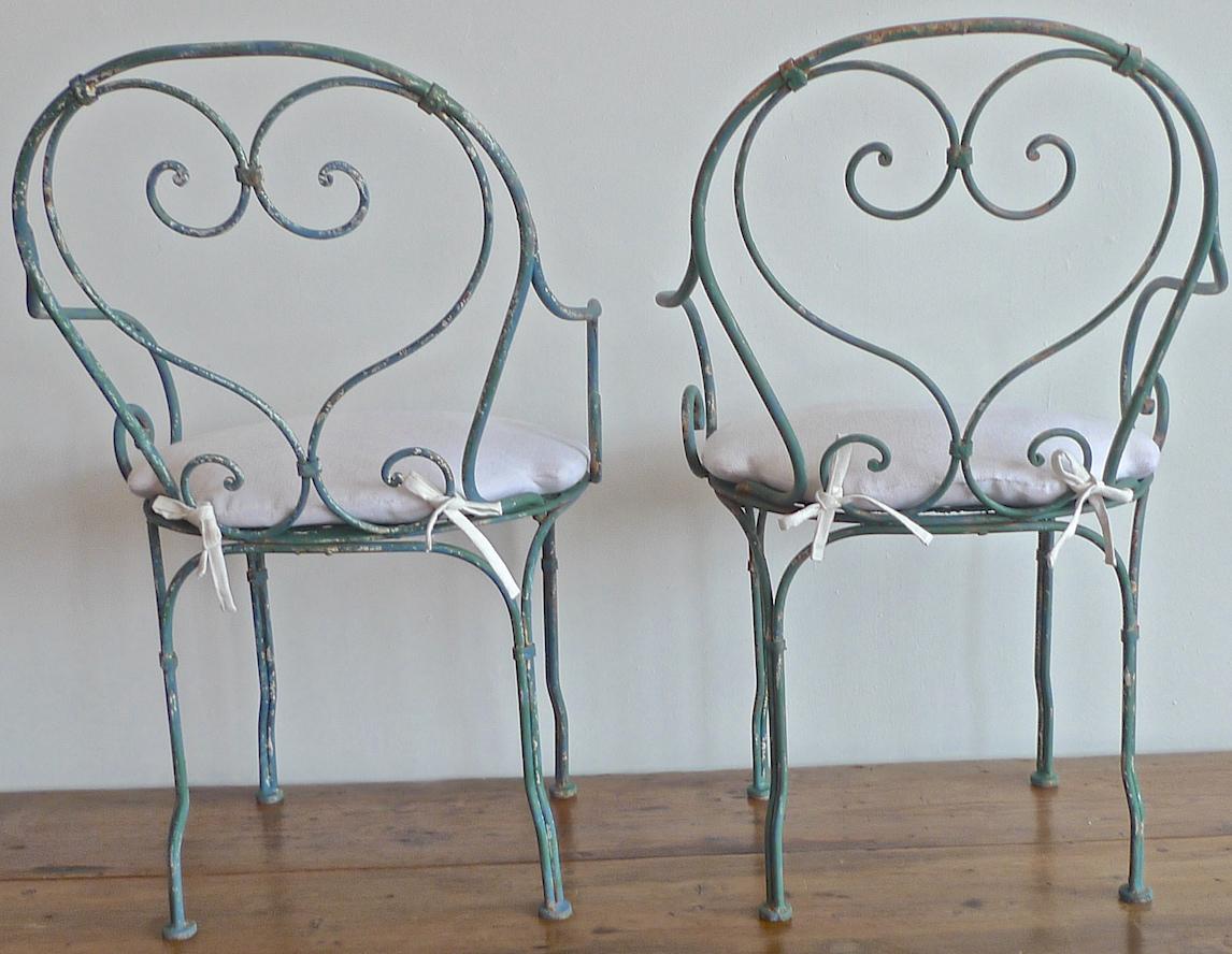 Fabric Set of 4 French 19th Century Painted Wrought Iron Bistro Armchairs with Cushions