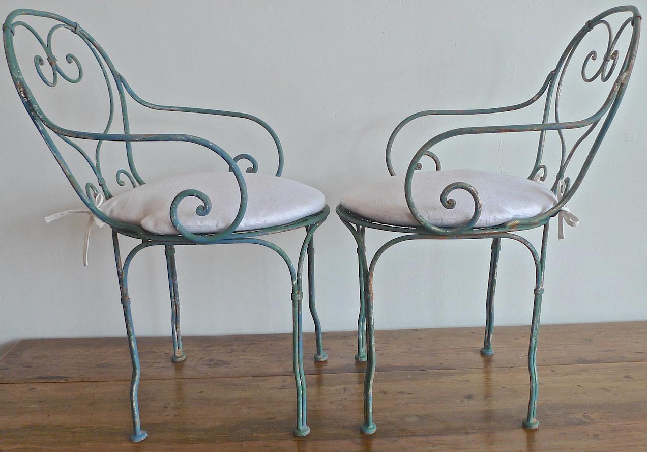 Set of 4 French 19th Century Painted Wrought Iron Bistro Armchairs with Cushions 1