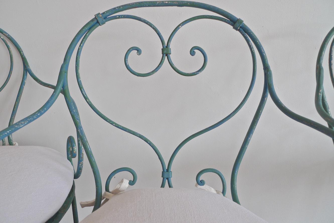 Set of 4 French 19th Century Painted Wrought Iron Bistro Armchairs with Cushions 3