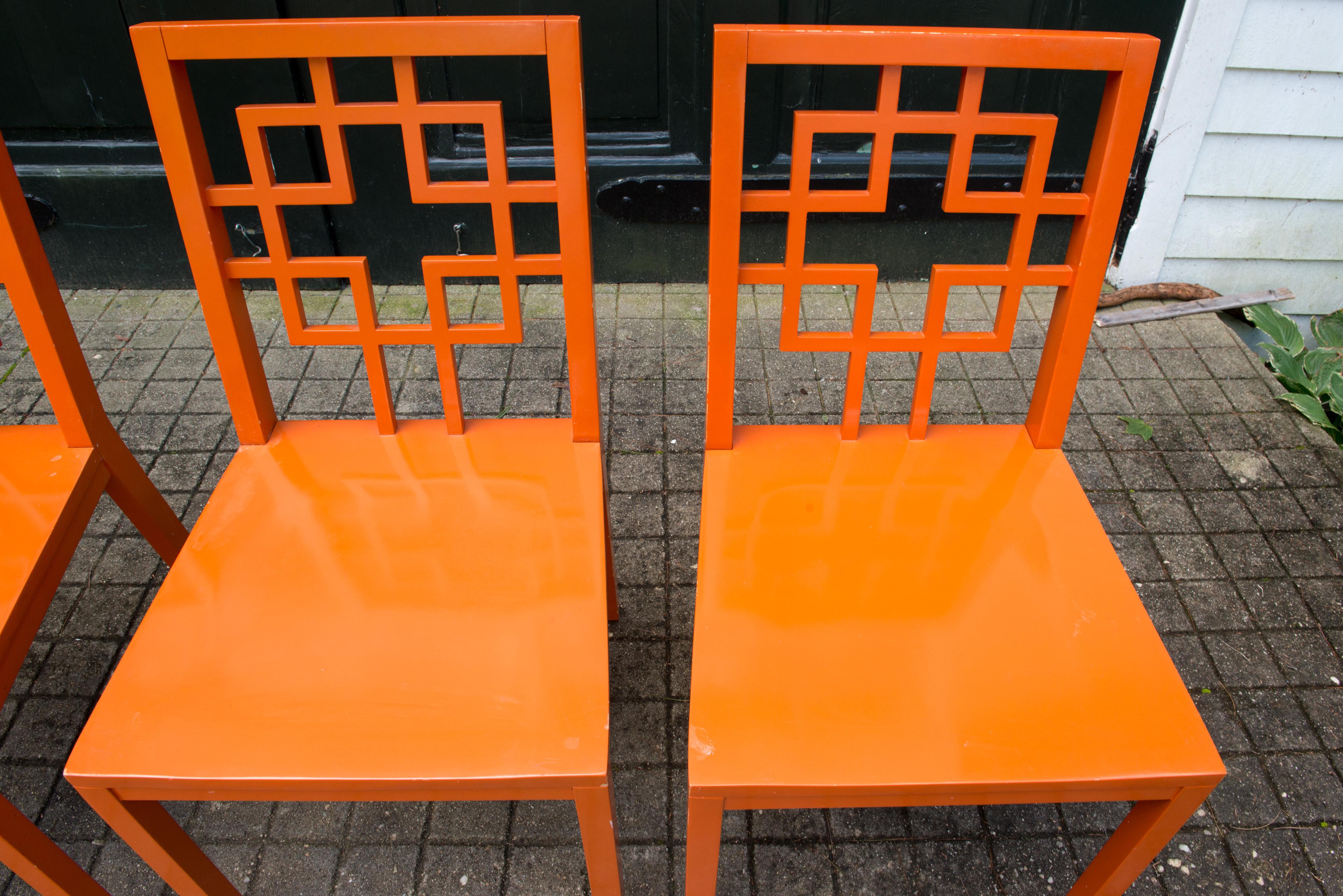 Set of 4 Fretwork Orange Dining Chairs In Good Condition In Stamford, CT