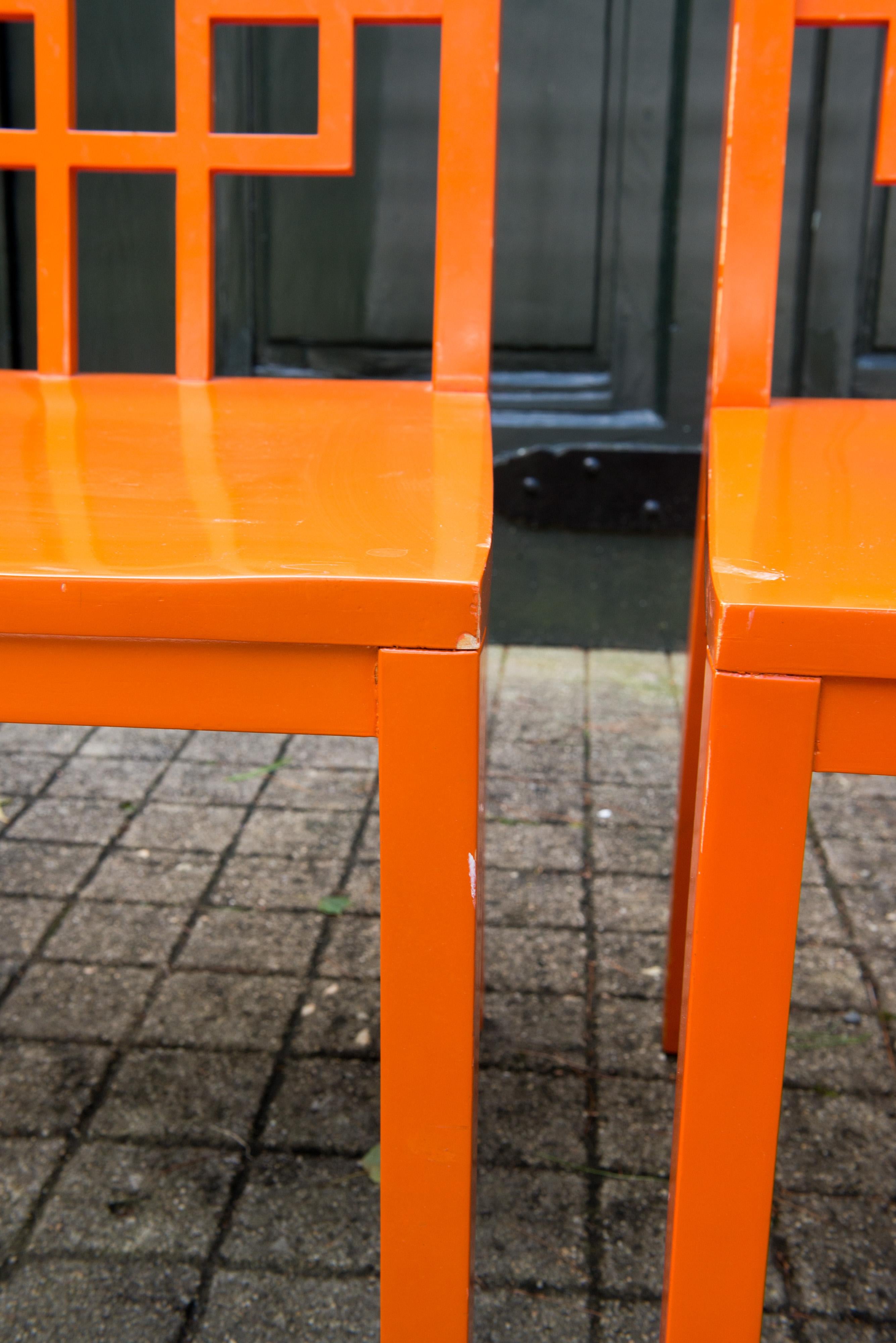 Late 20th Century Set of 4 Fretwork Orange Dining Chairs