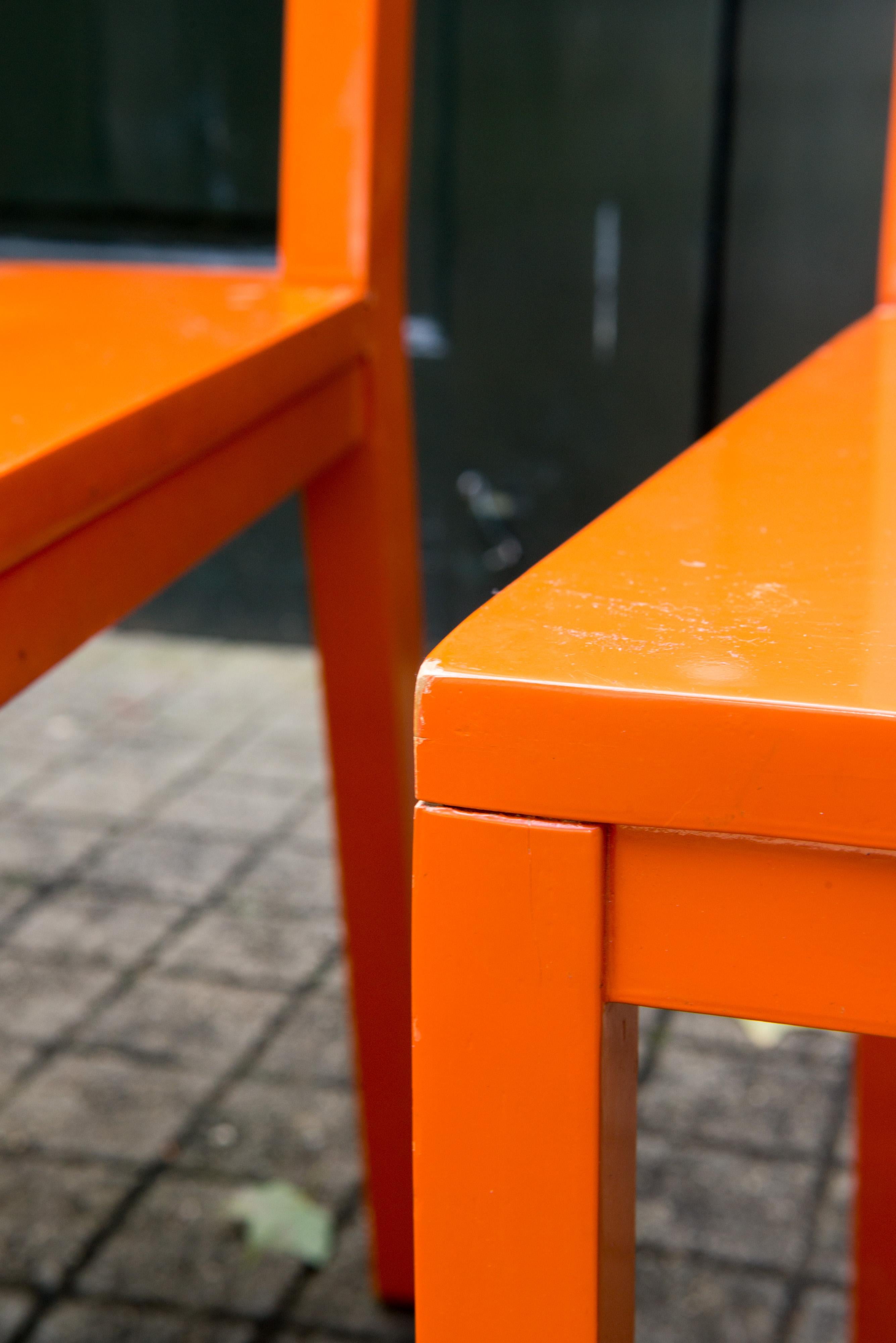 Wood Set of 4 Fretwork Orange Dining Chairs For Sale