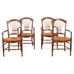 Vintage Set of 4 Fruitwood Rush Seat Dining Chairs