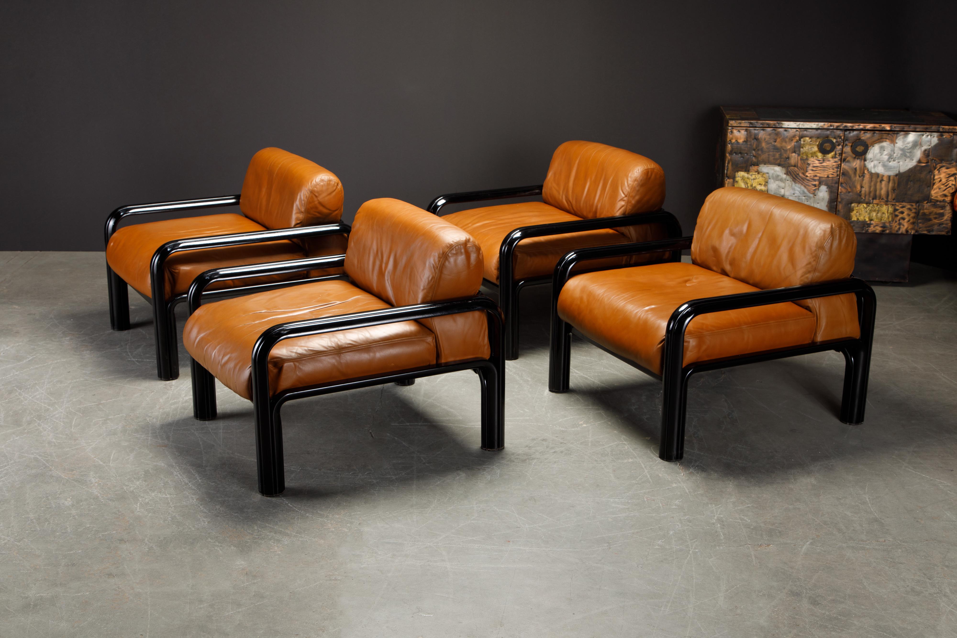 Modern Set of 4 Gae Aulenti Leather and Steel Lounge Chairs for Knoll, Signed 1980