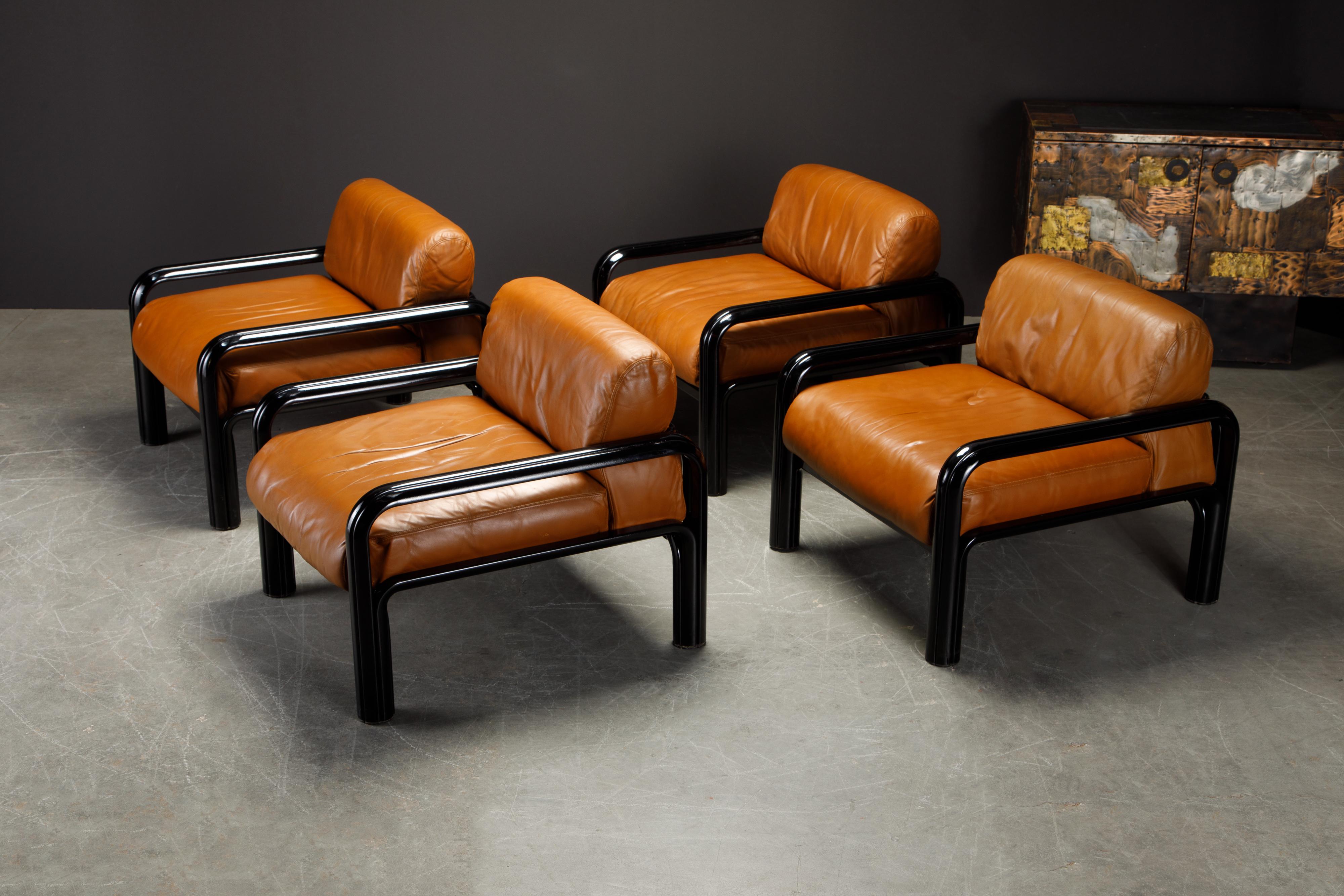 American Set of 4 Gae Aulenti Leather and Steel Lounge Chairs for Knoll, Signed 1980